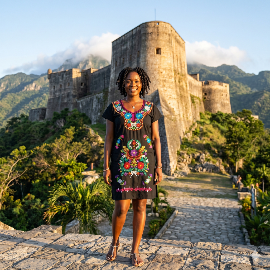 Femme haïtienne portant une robe noire à motifs floraux brodés devant la Citadelle La Ferrière, mode universelle et culturelle pour site e-commerce.