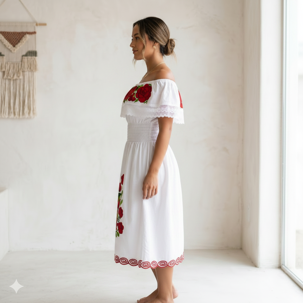 Robe blanche mi-longue style Bardot épaules dénudées, broderies artisanales de roses rouges et vertes, taille smockée élastique, dentelle ajourée — Création exclusive Ateliers Beccar, Montréal