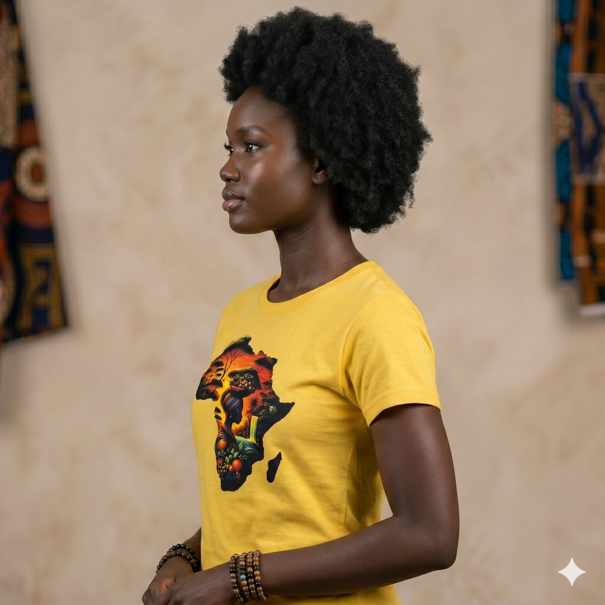 Vue de profil d'une femme portant le t-shirt jaune "L'Âme de l'Afrique", montrant la coupe moderne et la qualité de l'impression sur le textile.