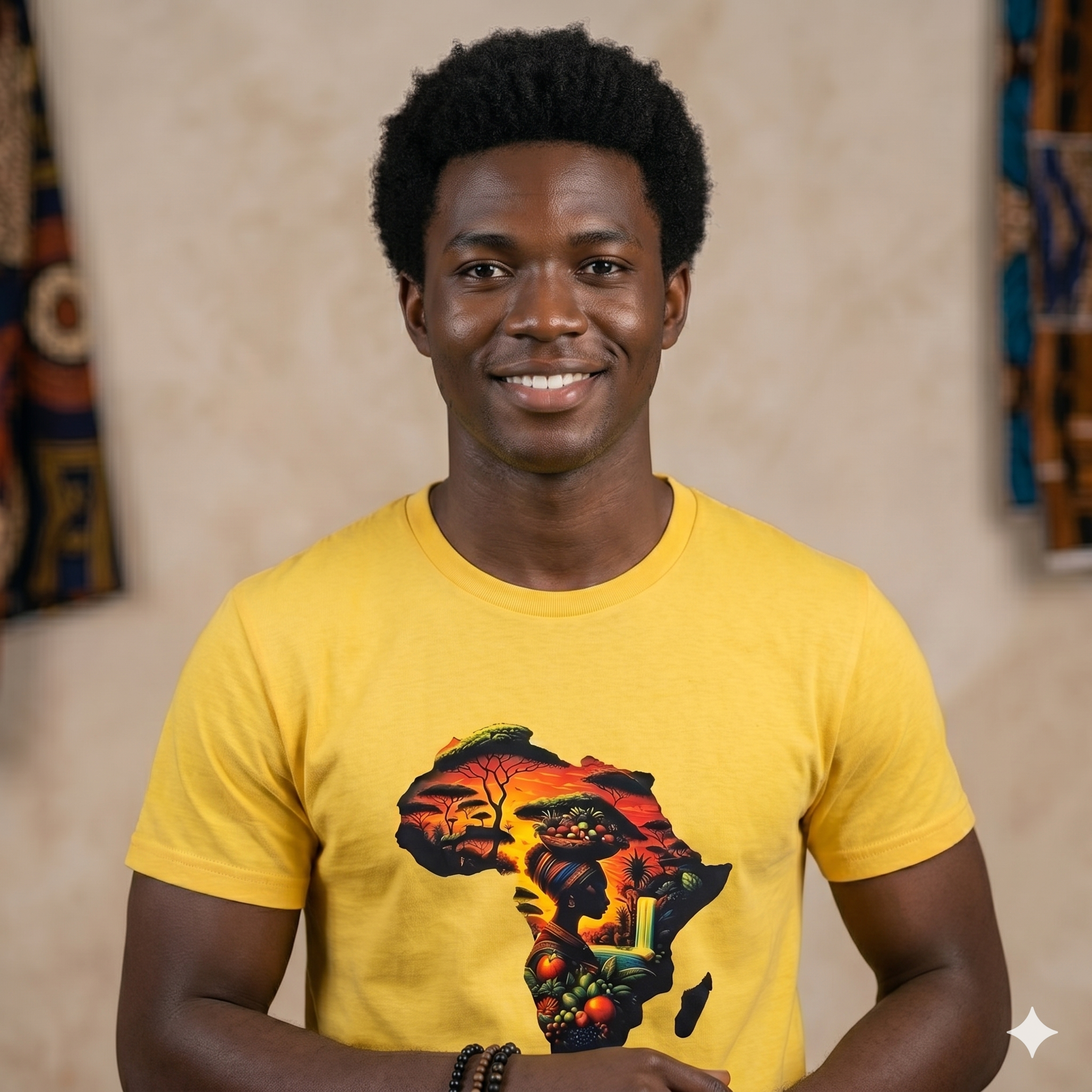Portrait de face d'un homme portant le t-shirt unisexe jaune "L'Âme de l'Afrique" mettant en valeur le design de la carte d'Afrique.