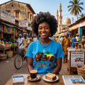 Femme ivoirienne souriante portant le t-shirt bleu "Do it for the Culture" des Ateliers BECCAR, assise en terrasse dans un café en plein air à Abidjan, Côte d'Ivoire.