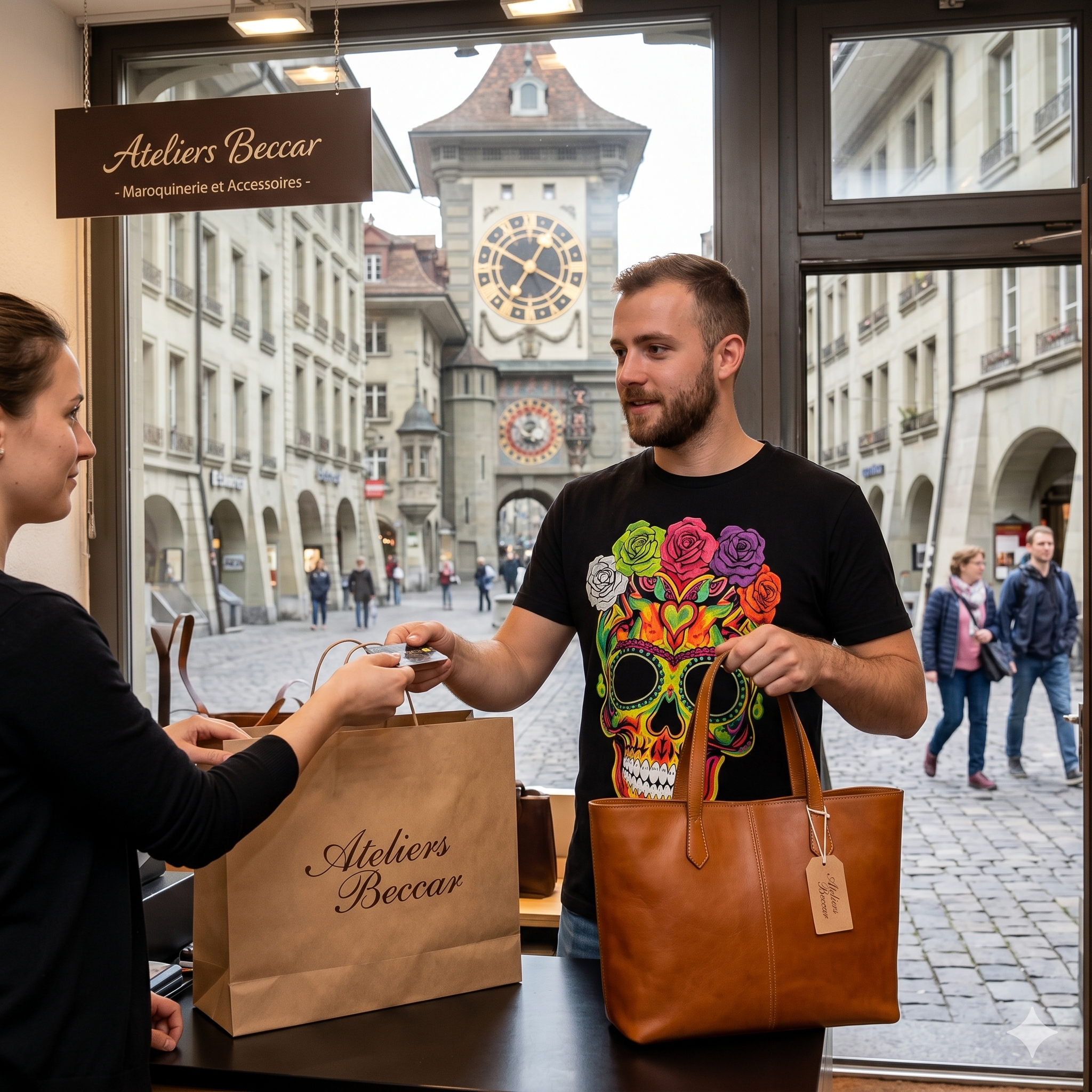 Homme en t-shirt crâne fleuri achetant un sac de luxe en cuir aux Ateliers Beccar à Berne, avec vue sur la tour de l'horloge.