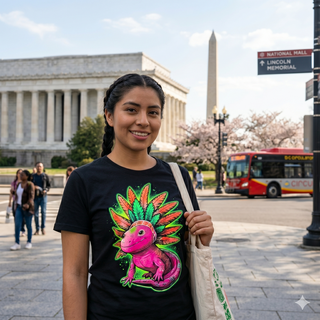 eune femme à Washington D.C. devant le Lincoln Memorial portant un t-shirt noir avec un motif de lézard néon artistique de la marque Les Ateliers Beccar.
