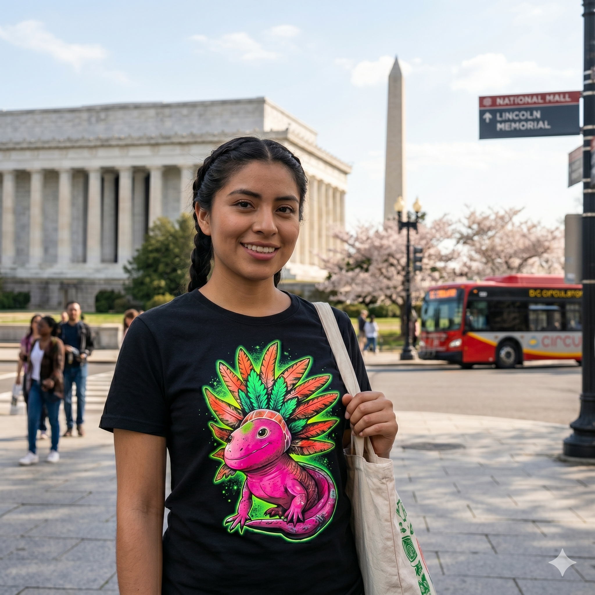 eune femme à Washington D.C. devant le Lincoln Memorial portant un t-shirt noir avec un motif de lézard néon artistique de la marque Les Ateliers Beccar.