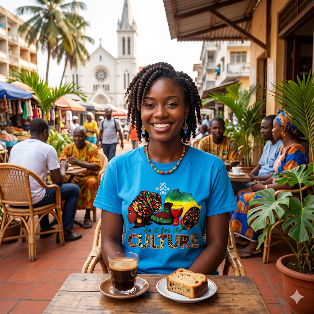 Femme ivoirienne souriante portant le t-shirt bleu "Do it for the Culture" des Ateliers BECCAR, assise en terrasse dans un café en plein air à Abidjan, Côte d'Ivoire.