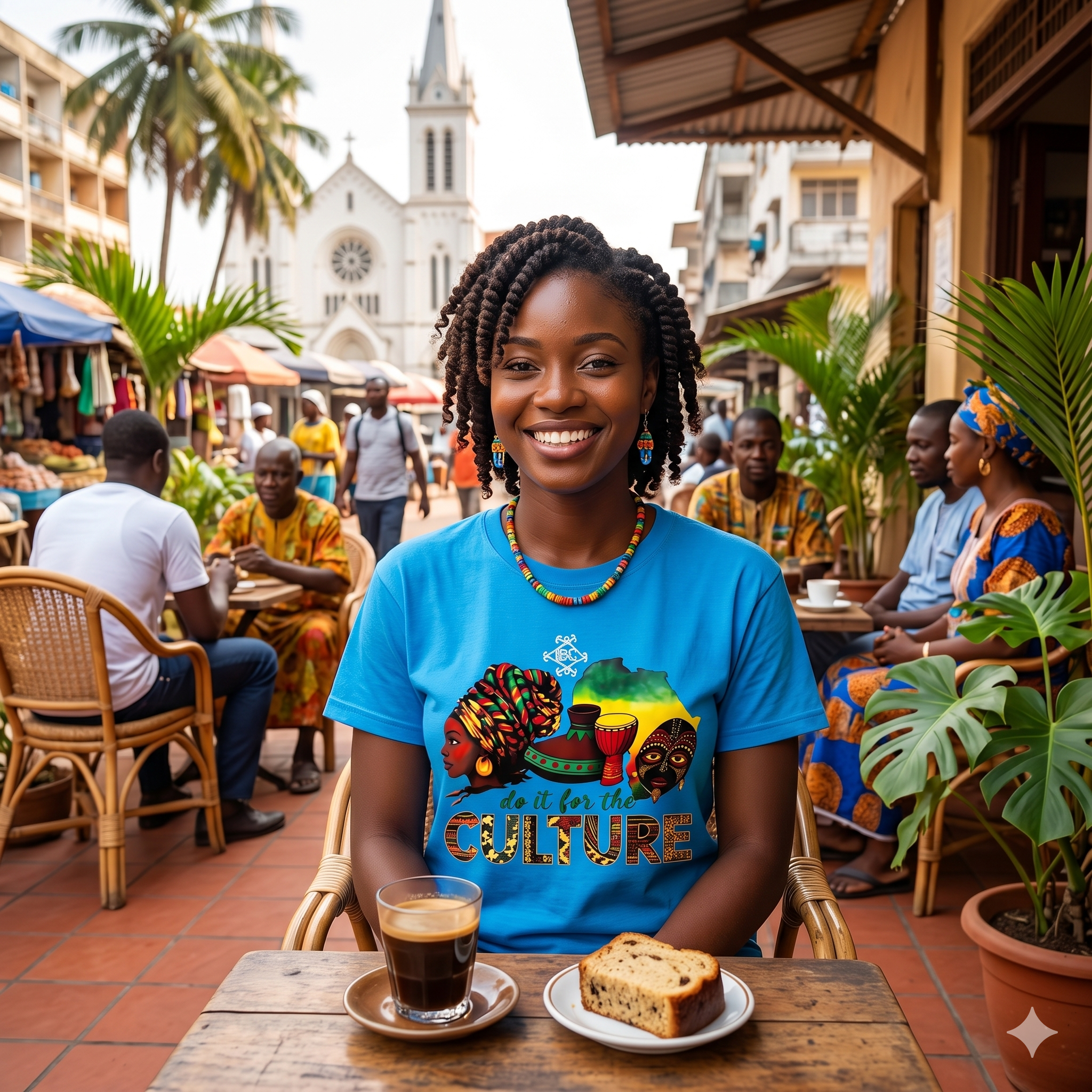 Femme ivoirienne souriante portant le t-shirt bleu "Do it for the Culture" des Ateliers BECCAR, assise en terrasse dans un café en plein air à Abidjan, Côte d'Ivoire.