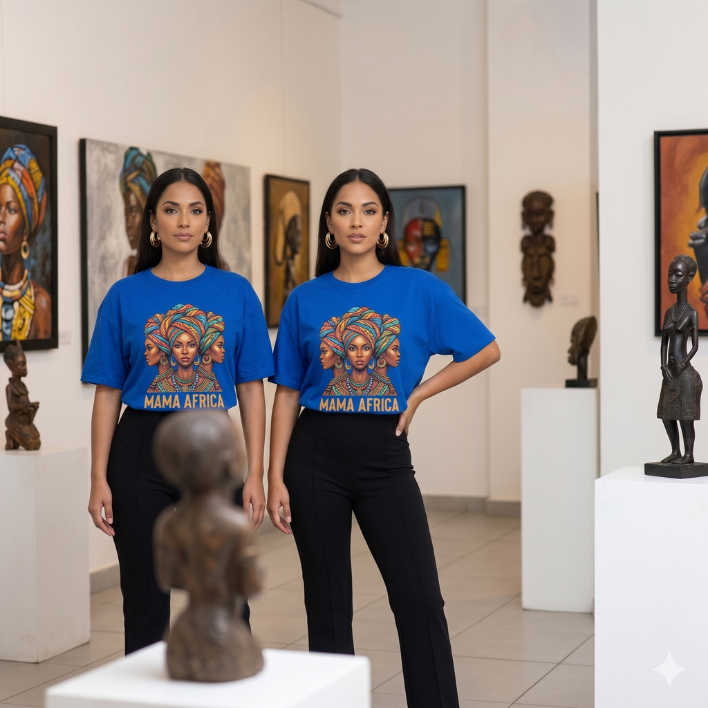 Deux mannequins portant le t-shirt culturel Mama Africa bleu roi, look duo assorti et mode afro-chic unisexe avec illustration graphique de femmes africaines dans un décor de galerie d'art