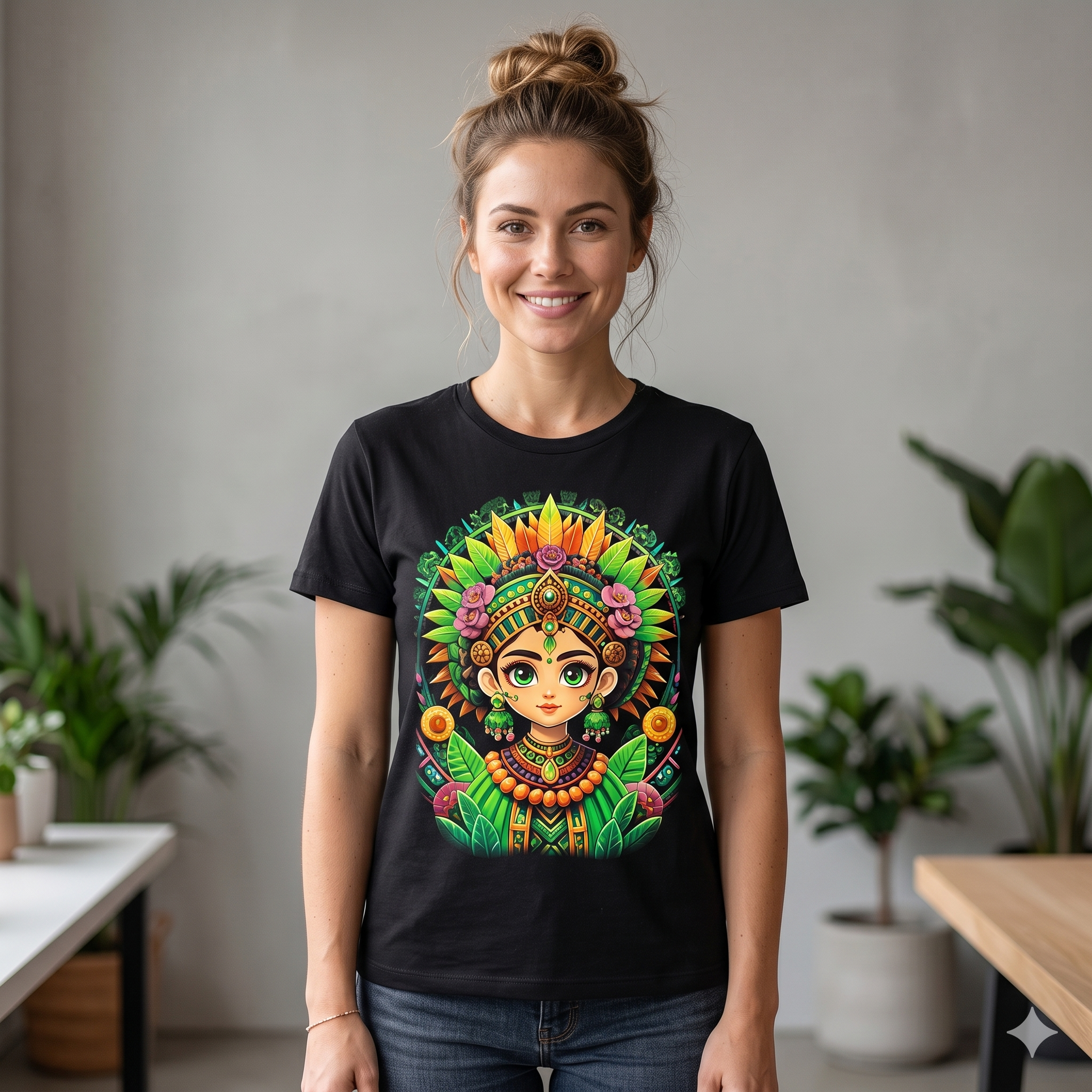 Portrait d'une femme souriante portant un t-shirt noir Ateliers Beccar avec une illustration colorée de style manga ethnique représentant une divinité de la nature.