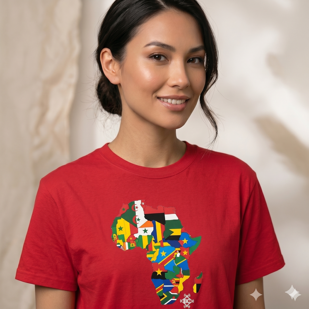 Portrait en studio d'une femme  souriante, portant un t-shirt rouge uni à col rond avec une impression graphique détaillée de la carte de l'Afrique composée des drapeaux nationaux de chaque pays. Fond neutre, flouté, effet de lumière douce.