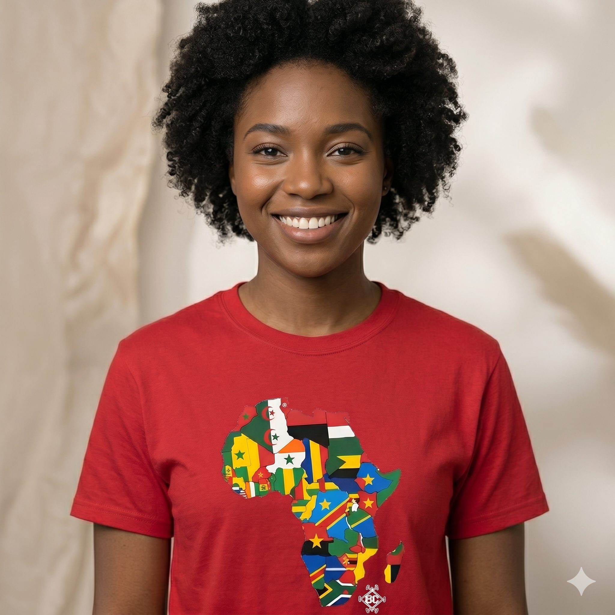 Portrait rapproché d'une femme , souriant à l'appareil photo. Elle porte un t-shirt rouge vif avec une impression sérigraphiée de haute qualité de la carte géographique de l'Afrique, où chaque pays est représenté par les couleurs de son drapeau. Fond de studio flou.