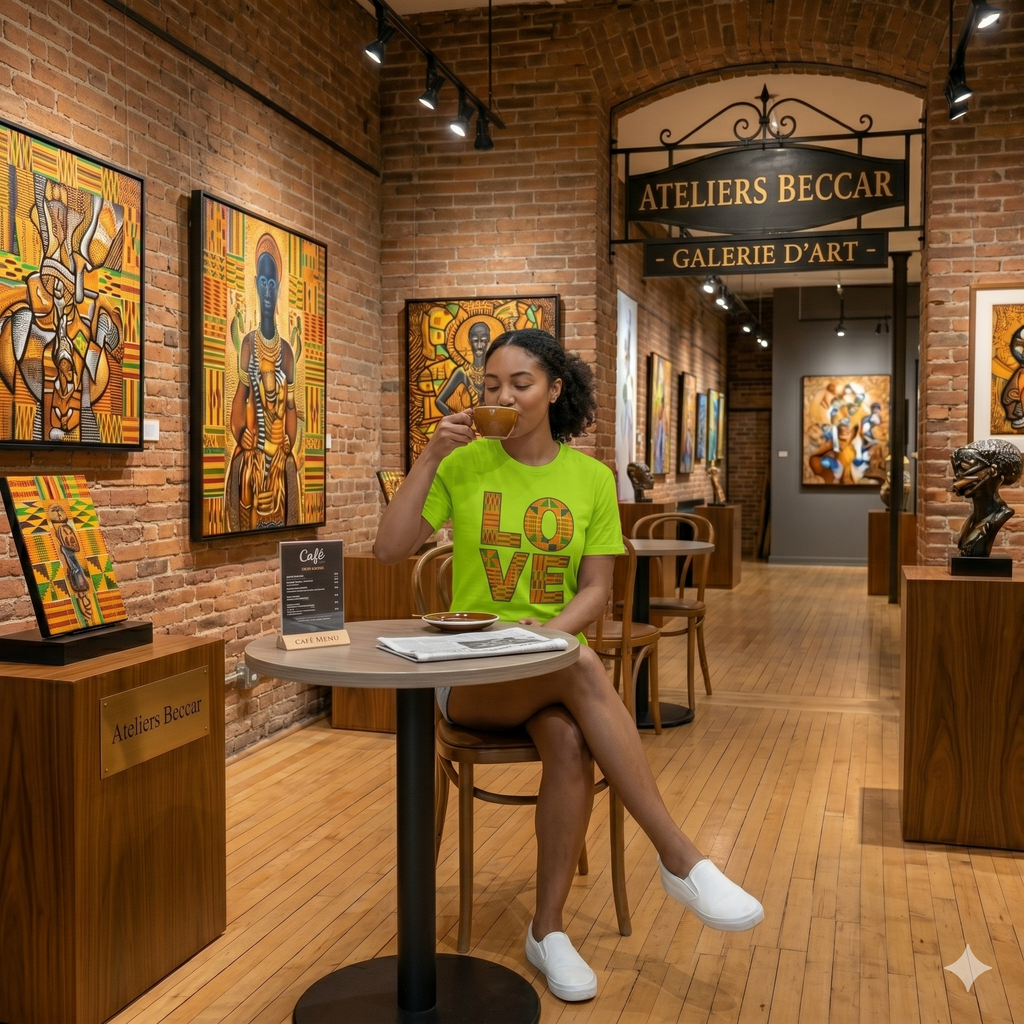 Femme assise buvant un café et portant le t-shirt vert lime LOVE avec imprimé géométrique Kente, décor Galerie Ateliers BECCAR.