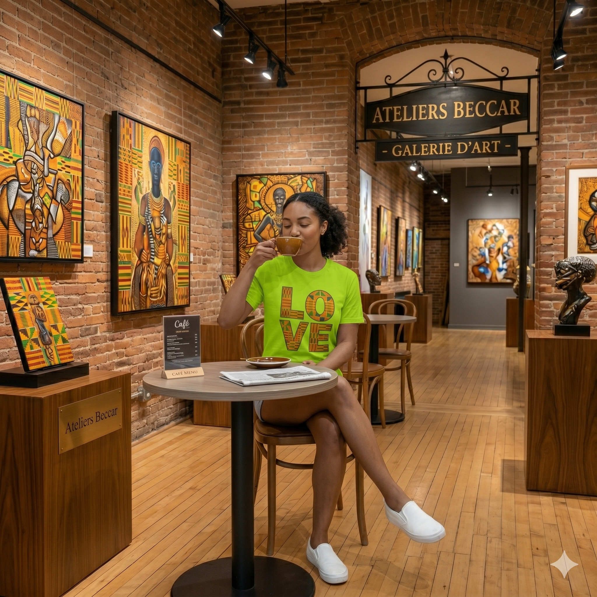 Femme assise buvant un café et portant le t-shirt vert lime LOVE avec imprimé géométrique Kente, décor Galerie Ateliers BECCAR.
