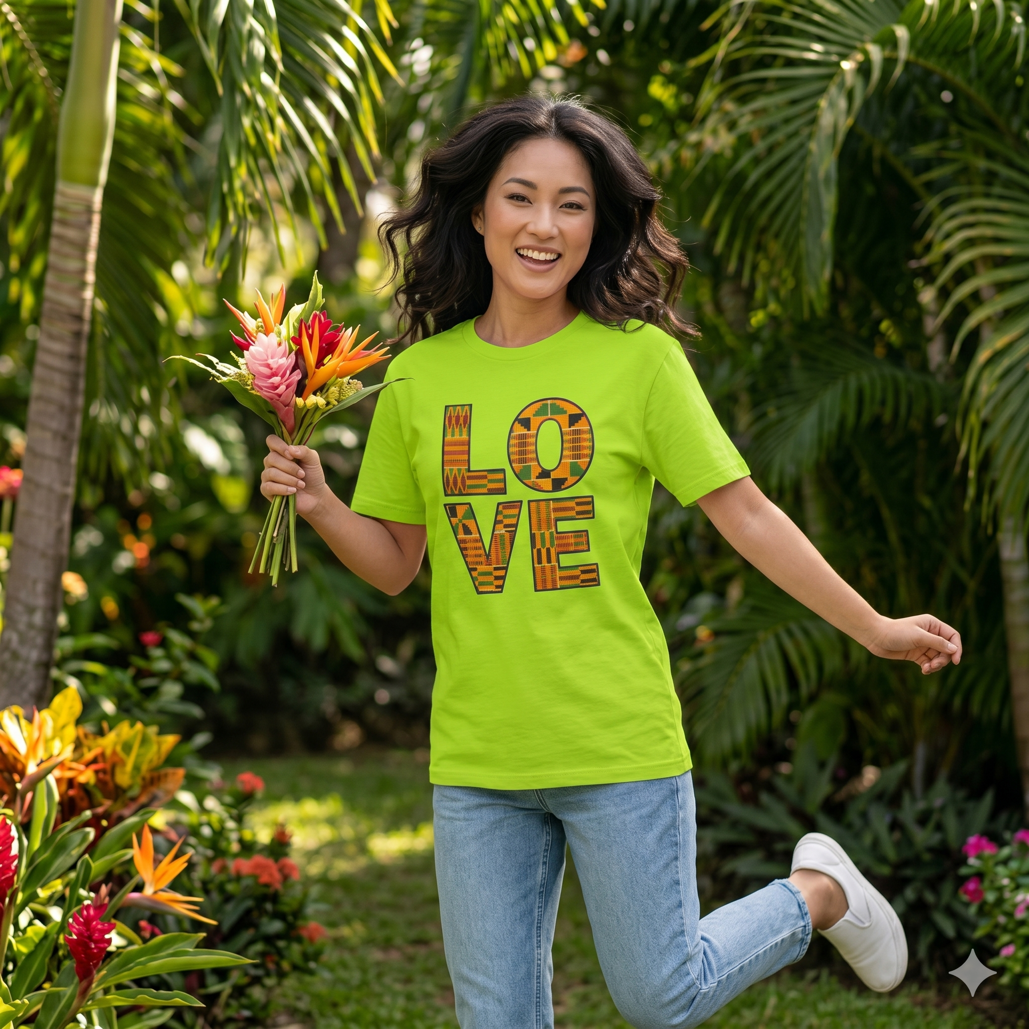 emme souriante dans un jardin tropical tenant un bouquet de fleurs et portant le t-shirt vert lime LOVE avec motif Kente.