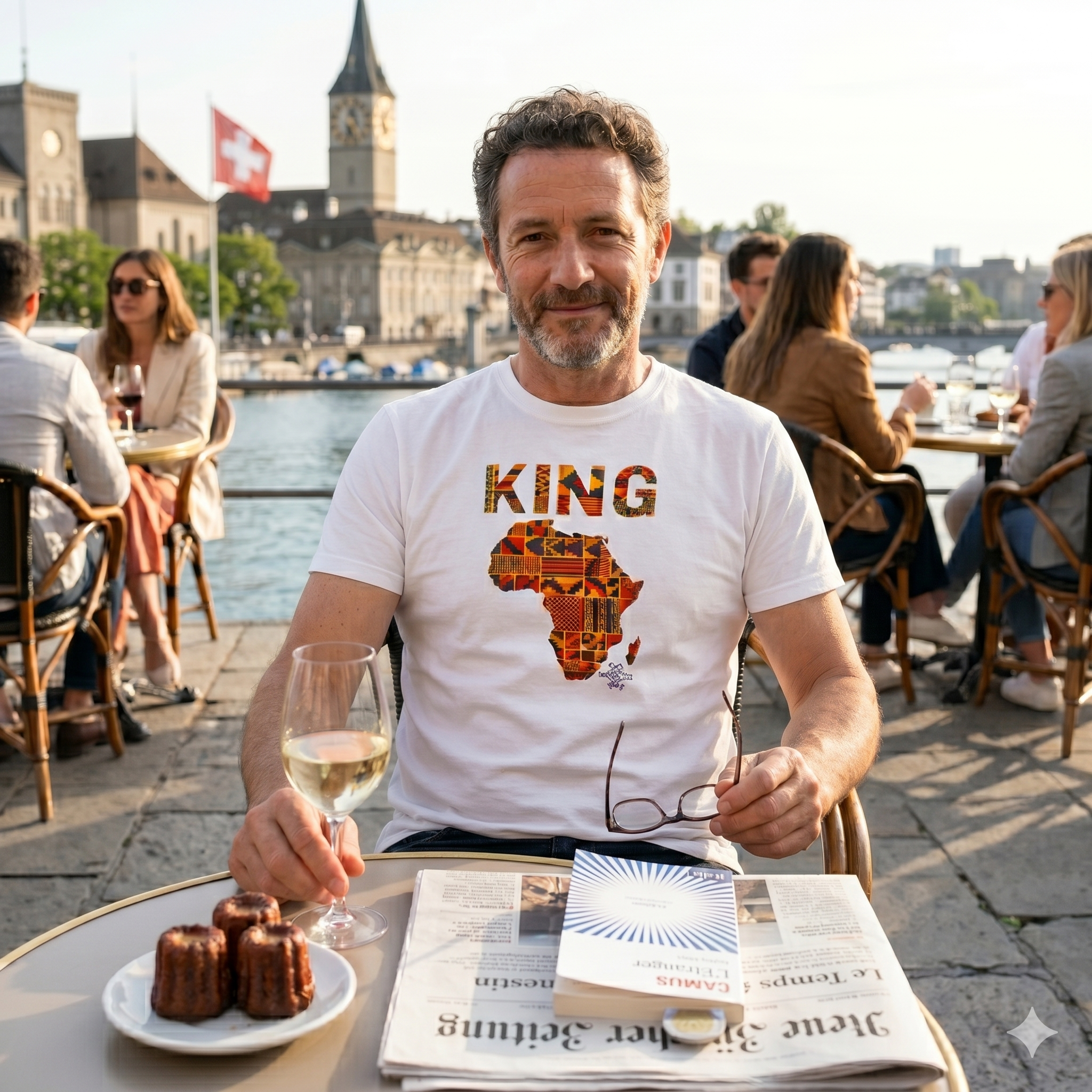 Homme suisse portant le t-shirt King Africa avec imprimé carte du monde africaine, assis en terrasse devant un lac et des monuments suisses.