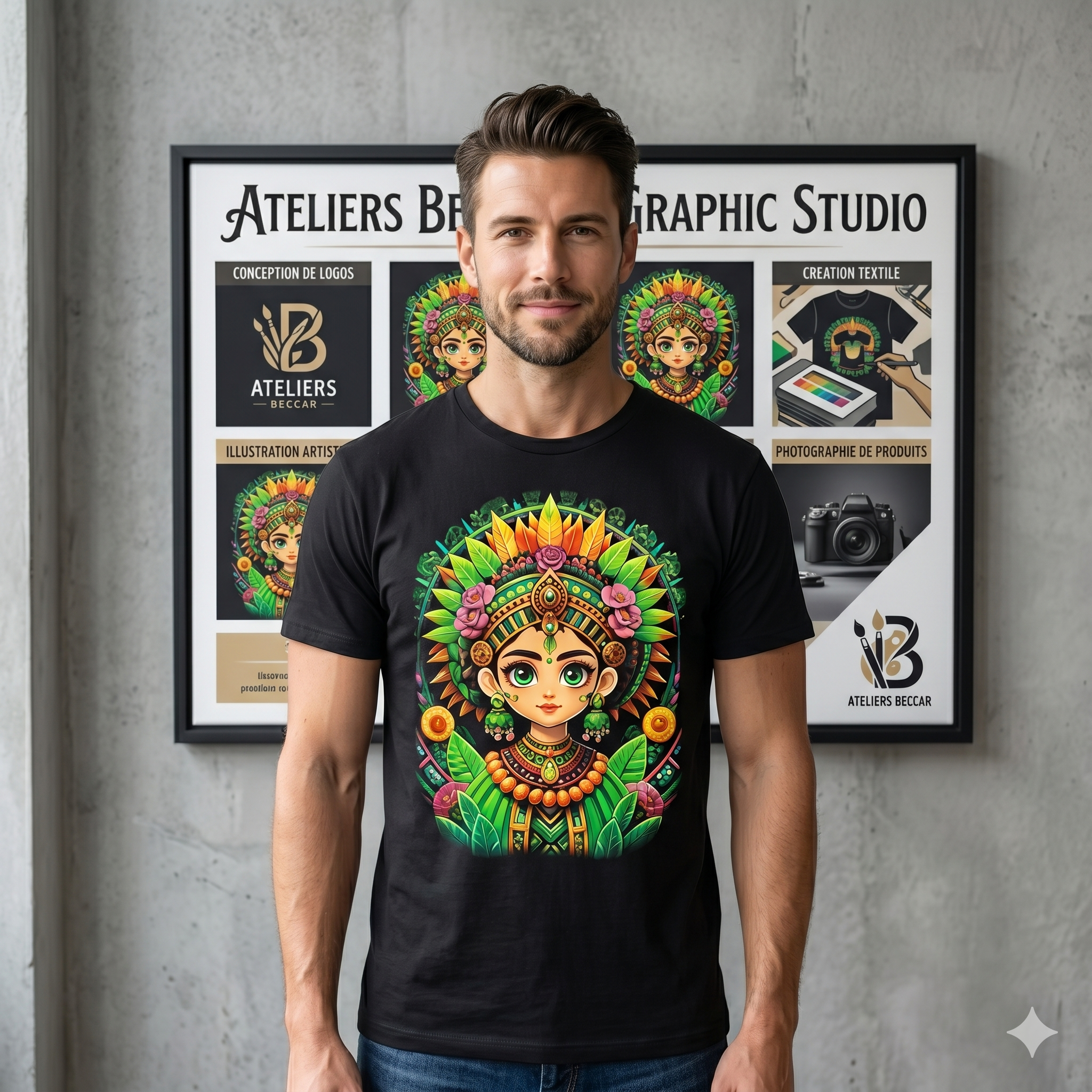 Homme posant avec le t-shirt exclusif des Ateliers Beccar devant un tableau de présentation du studio graphique, design coloré et détaillé sur fond noir.