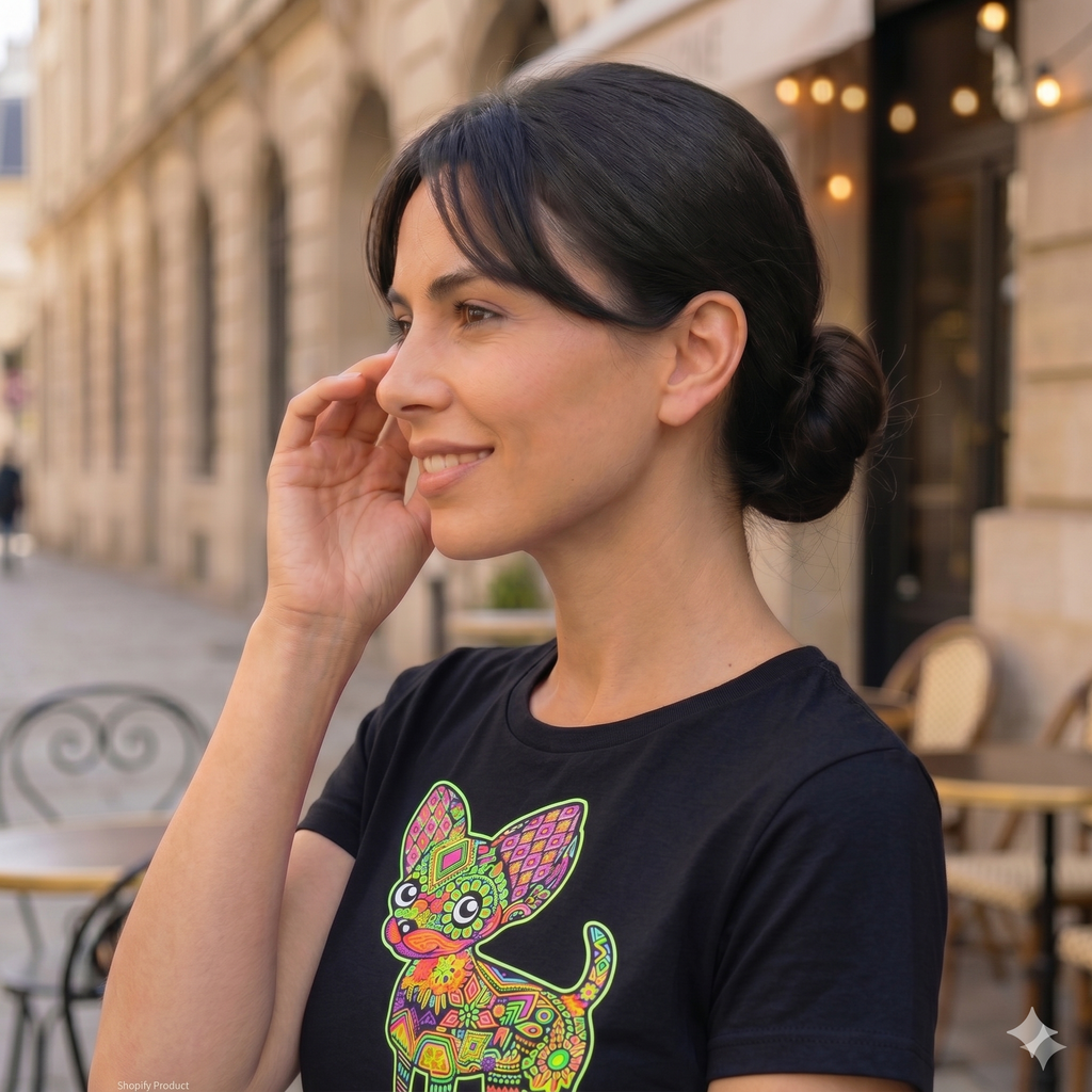 T-shirt Noir Graphique Chien Alebrije – Style Artistique et Coloré – Coton Premium