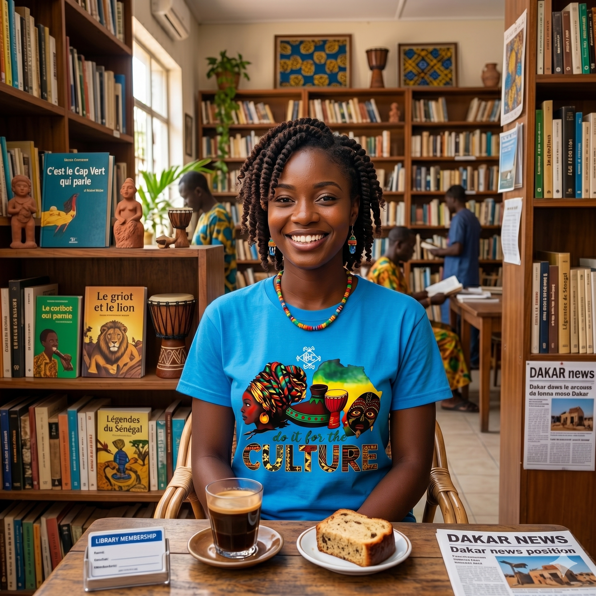Jeune femme sénégalaise avec coiffure tressée portant un t-shirt unisexe bleu ciel avec motifs africains, posant dans une librairie authentique à Dakar.