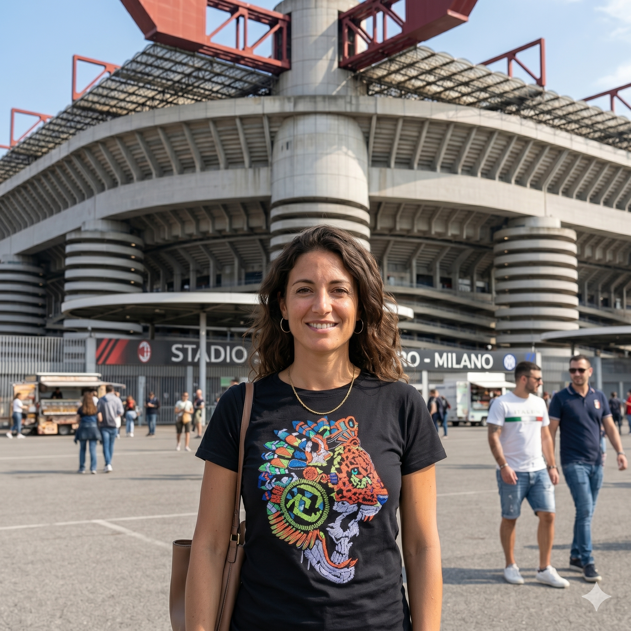Femme italienne devant le stade San Siro portant le t-shirt unisexe Ateliers BECCAR au motif de félin stylisé en couleurs vives, mode street chic.