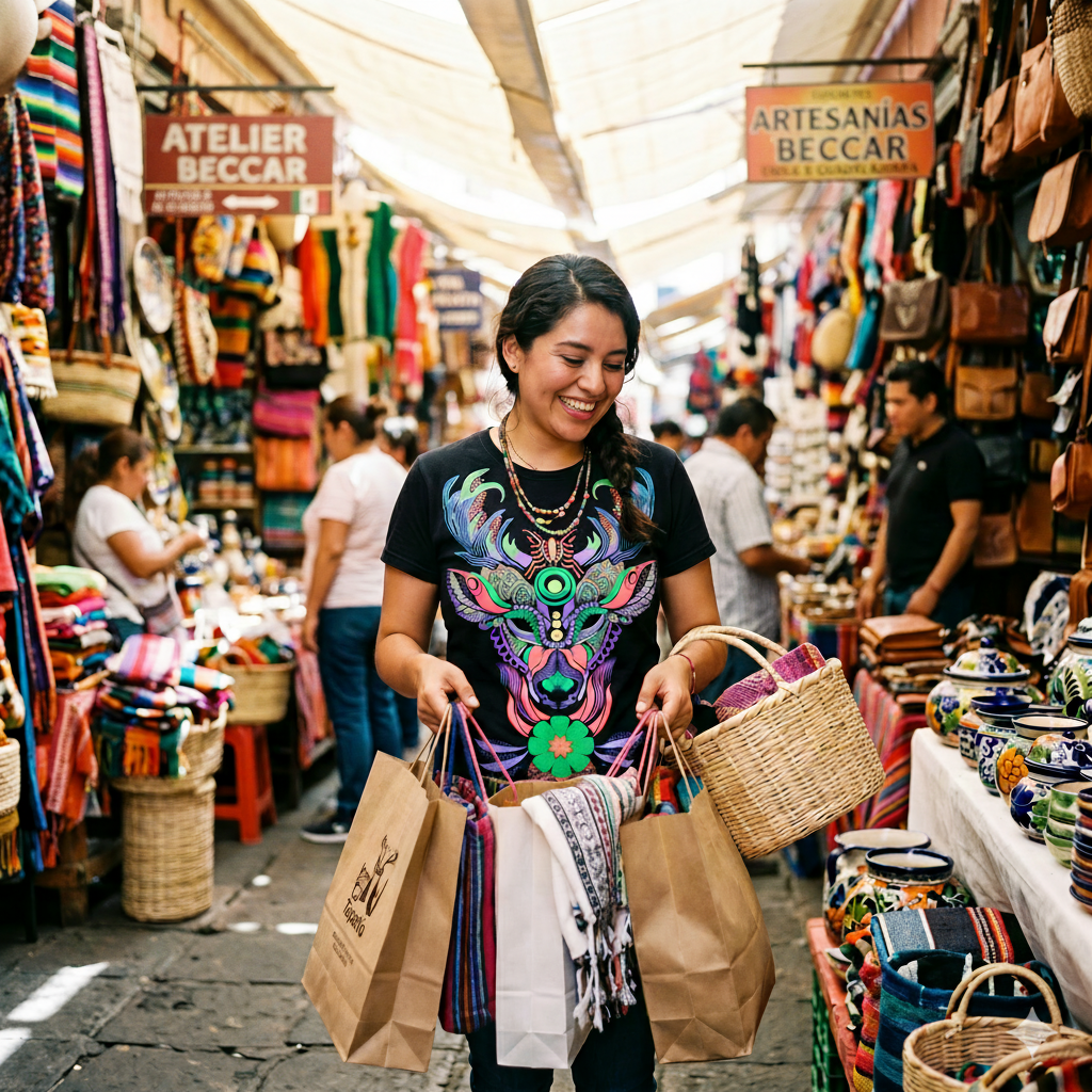 Jeune femme aimante faisant ses courses dans un marché traditionnel, portant un t-shirt noir avec un imprimé central de cerf stylisé et une fleur verte éclatante.