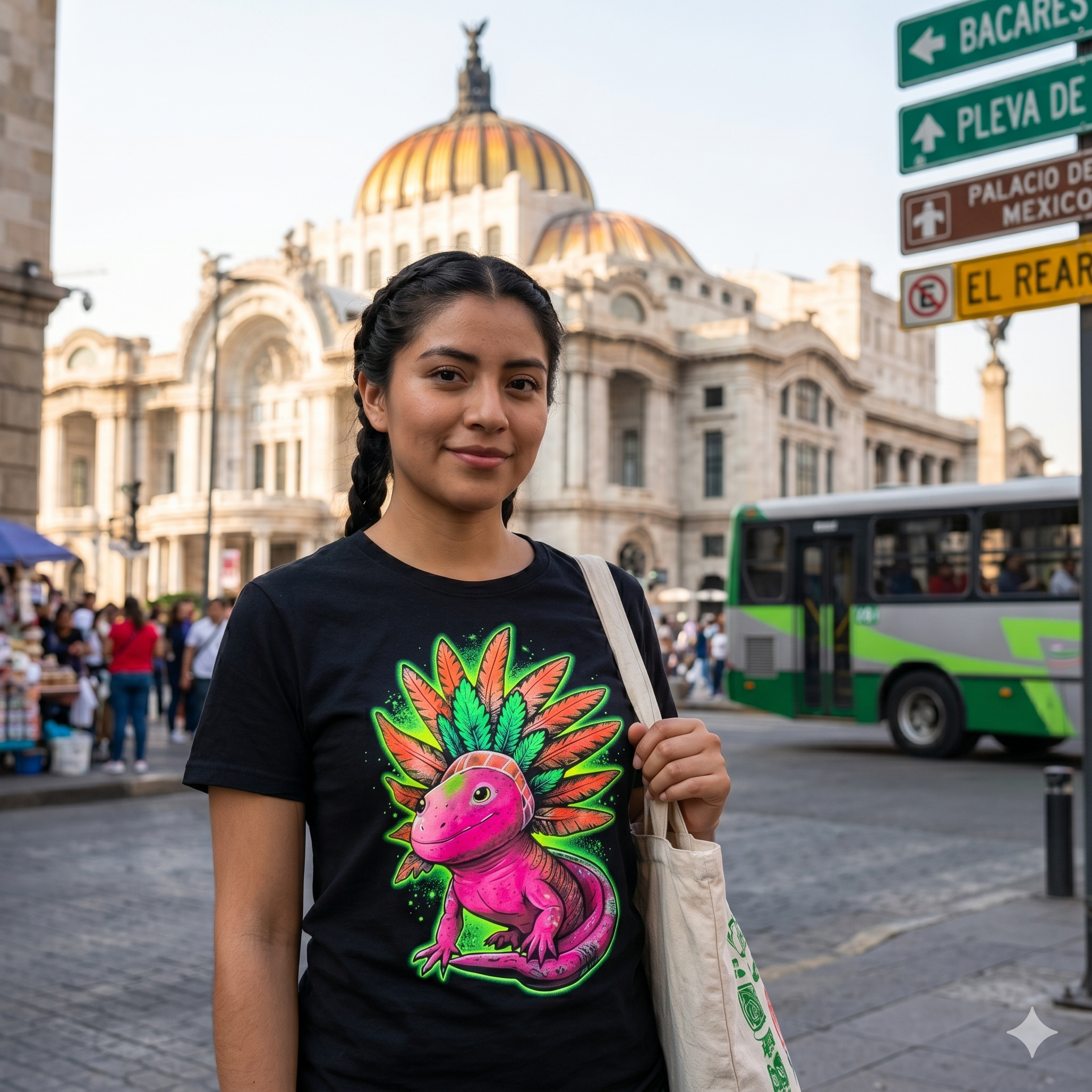 Portrait d'une femme mexicaine à Mexico portant le t-shirt unisexe noir Les Ateliers Beccar avec un lézard rose au design de plumes colorées, format carré pour boutique Shopify.
