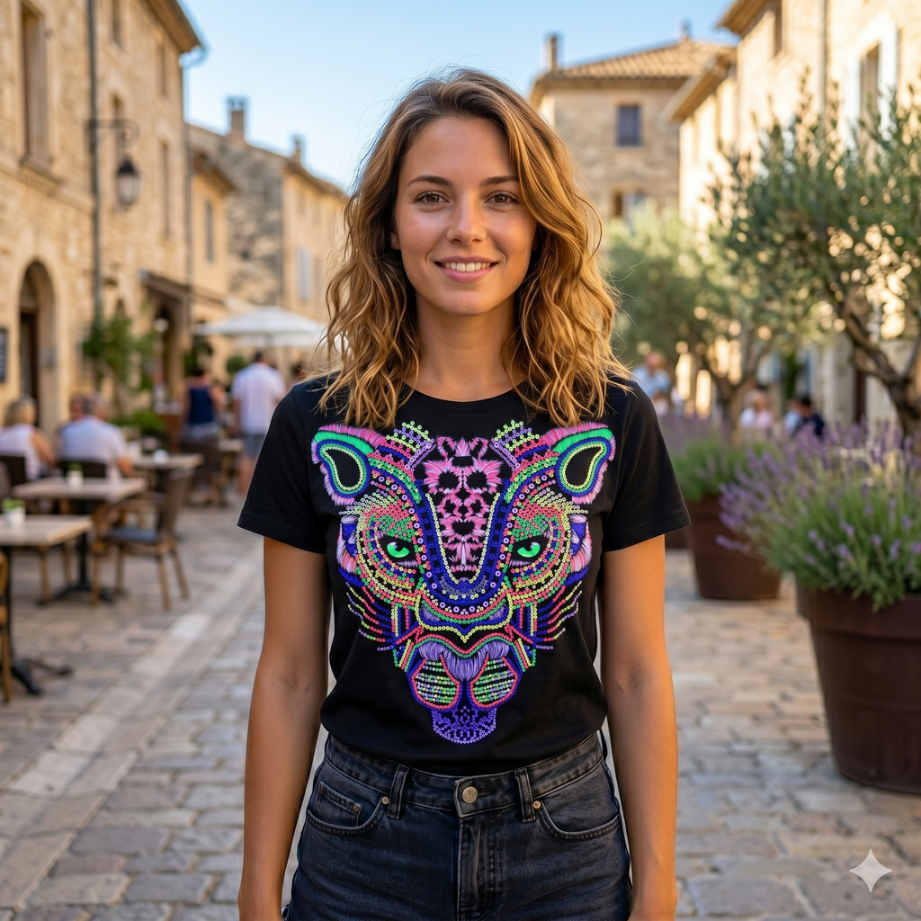 Femme caucasienne souriante en extérieur dans une rue de village français, portant un t-shirt noir imprimé panthère lumineuse et colorée.