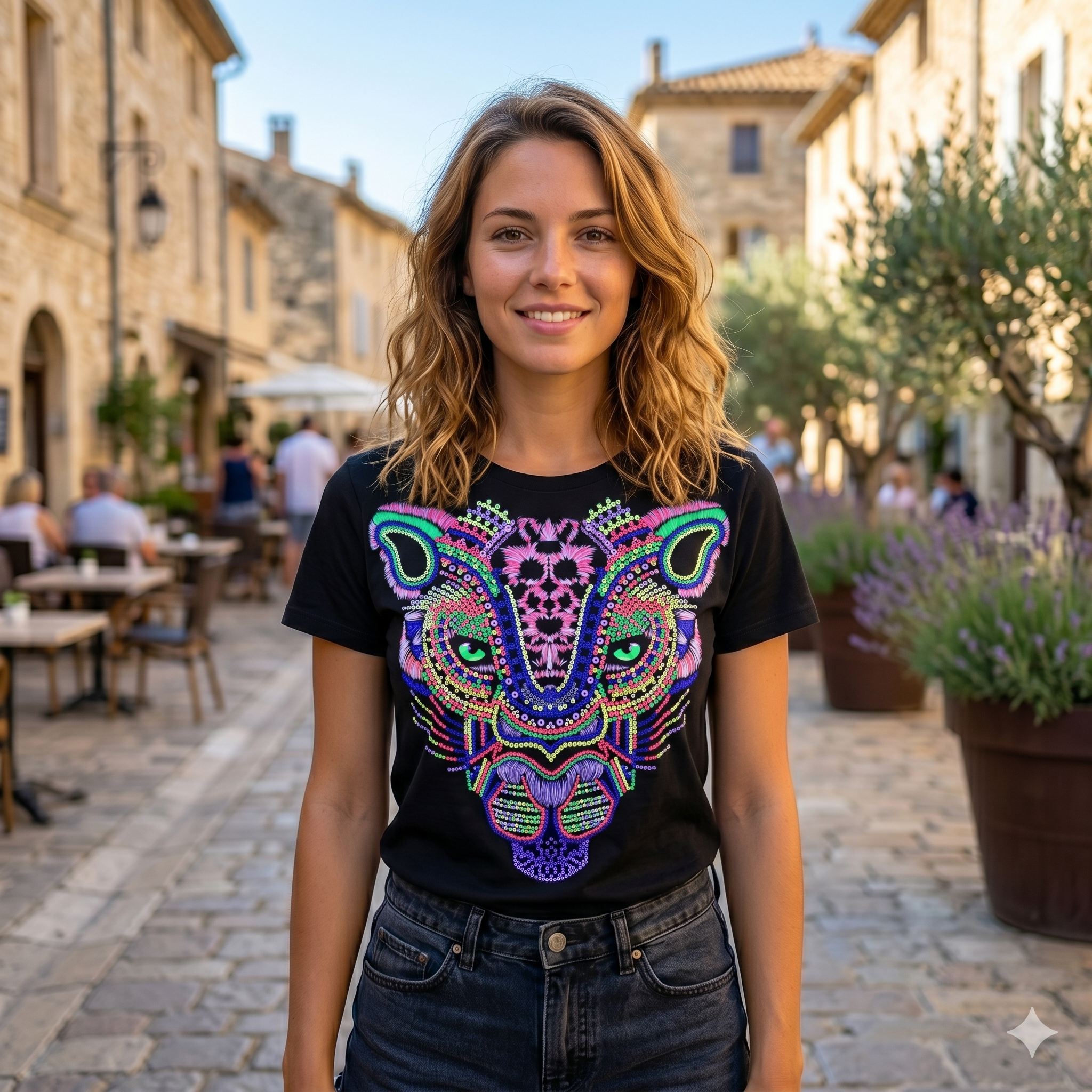 Femme caucasienne souriante en extérieur dans une rue de village français, portant un t-shirt noir imprimé panthère lumineuse et colorée.
