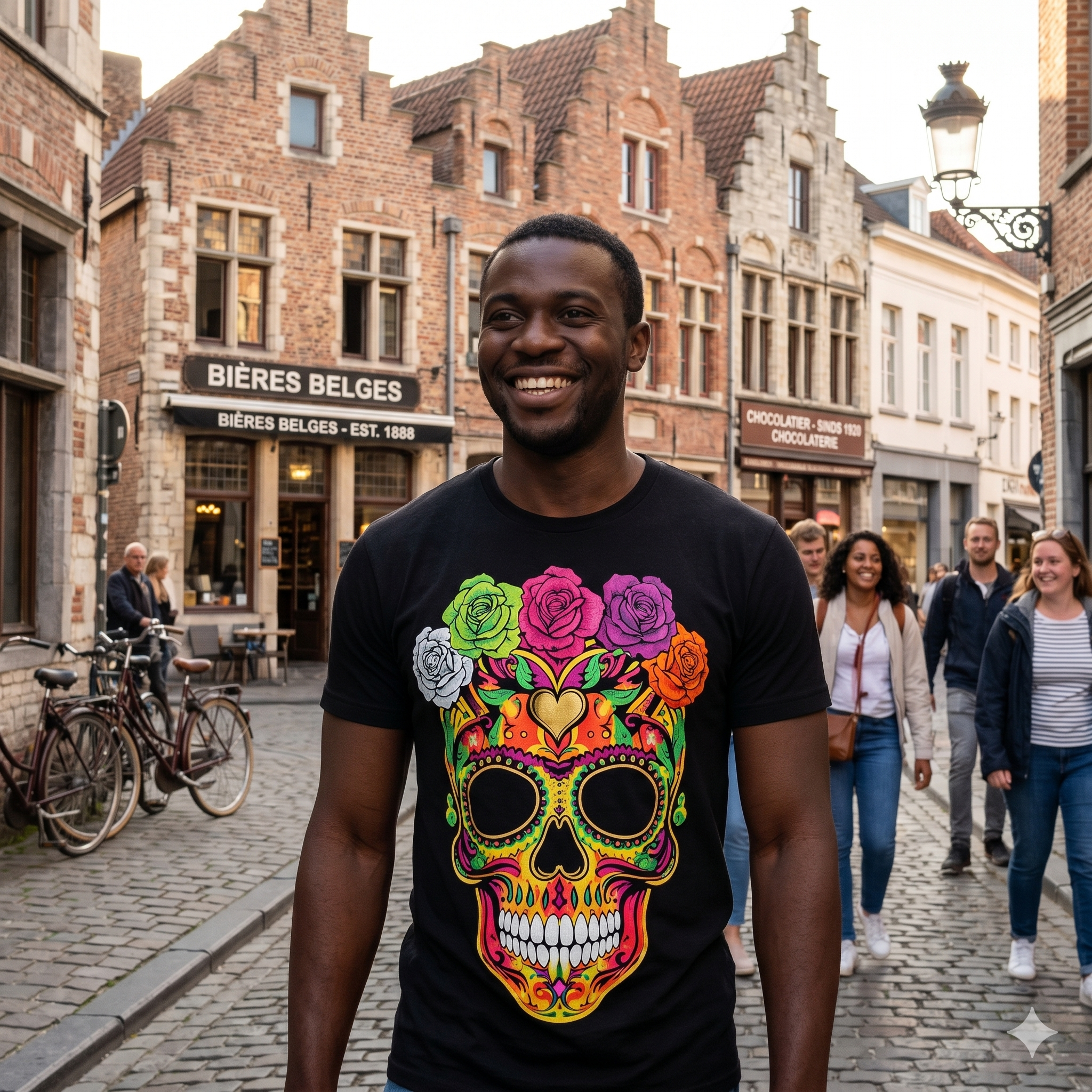 Homme souriant dans une rue pavée de Belgique portant le t-shirt noir aux motifs de crâne artistique et fleurs colorées des Ateliers Beccar.