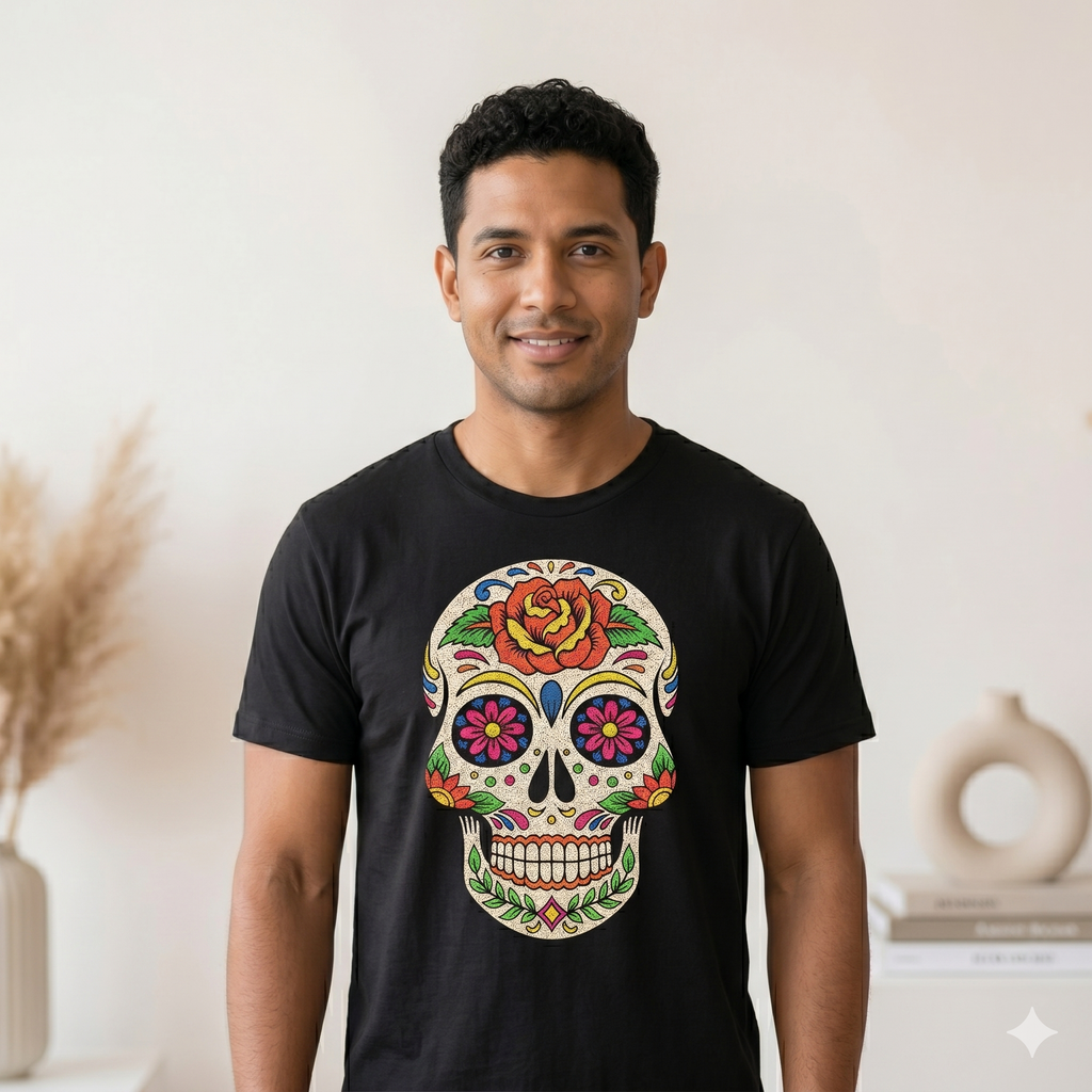 Homme souriant portant le t-shirt unisexe noir avec impression graphique de tête de mort mexicaine artisanale, format carré pour boutique e-commerce.