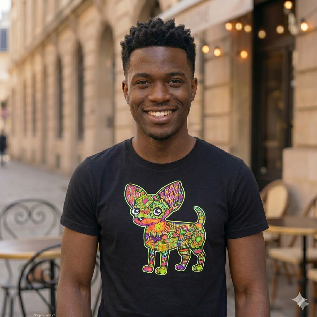 Homme  souriant de face, bras le long du corps, portant un t-shirt noir avec une illustration de chien de style folklorique mexicain.