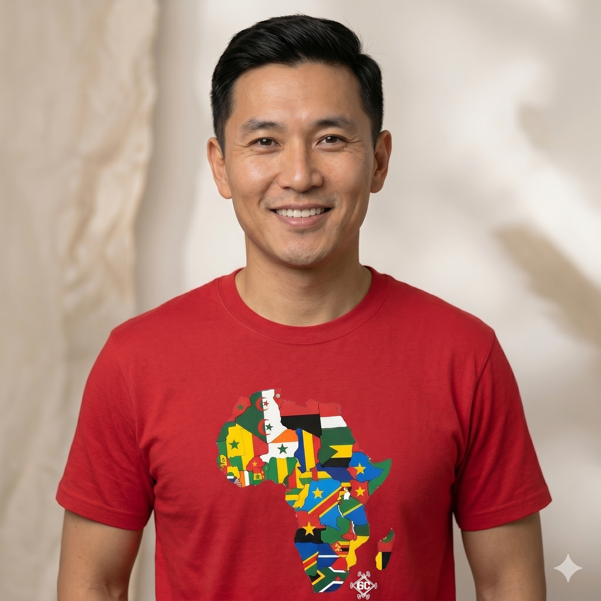 Photo de face d'un homme  souriant, portant un t-shirt rouge à manches courtes. Le t-shirt présente un motif central de la carte du continent africain remplie par une mosaïque des drapeaux de tous les pays africains. Arrière-plan de studio doux.