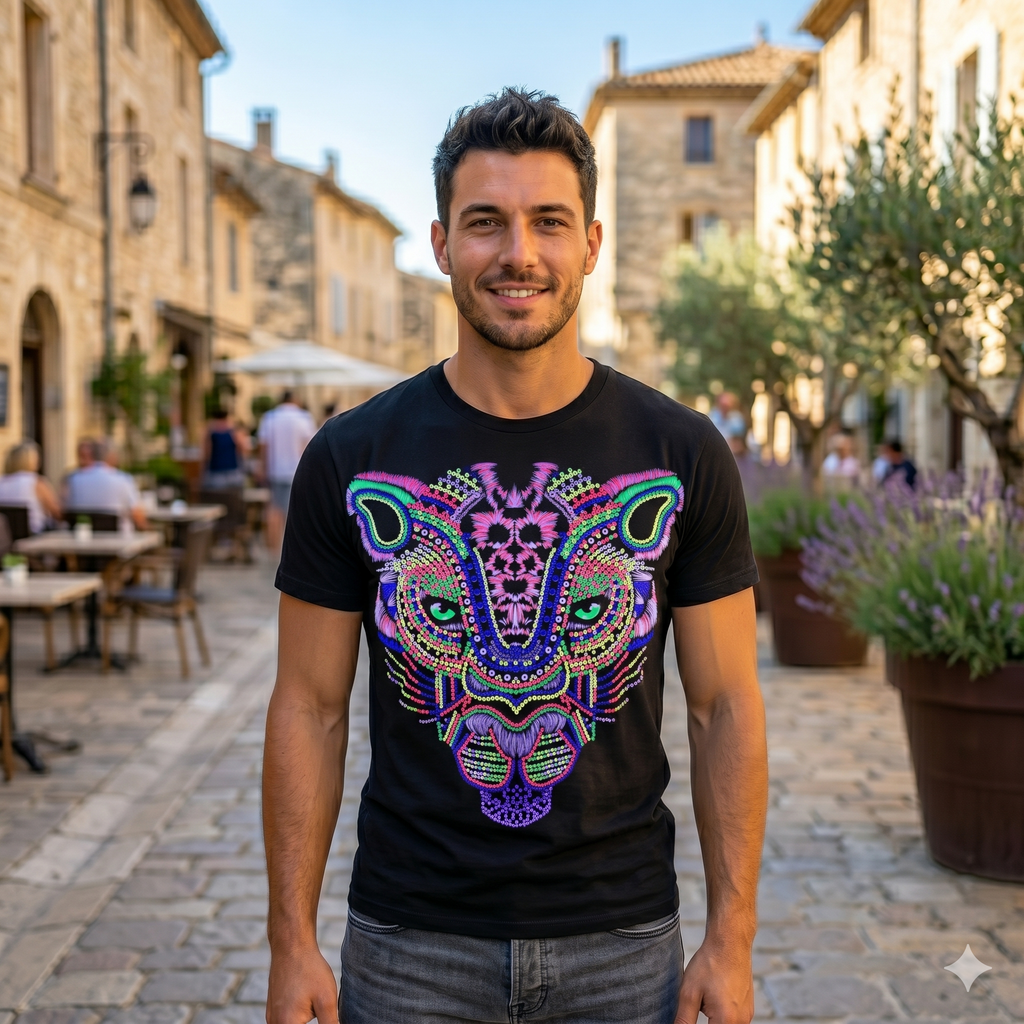 Jeune homme portant un t-shirt noir ajusté avec un motif de tigre ou panthère en points de couleur néon, fond de ruelle européenne ensoleillée.
