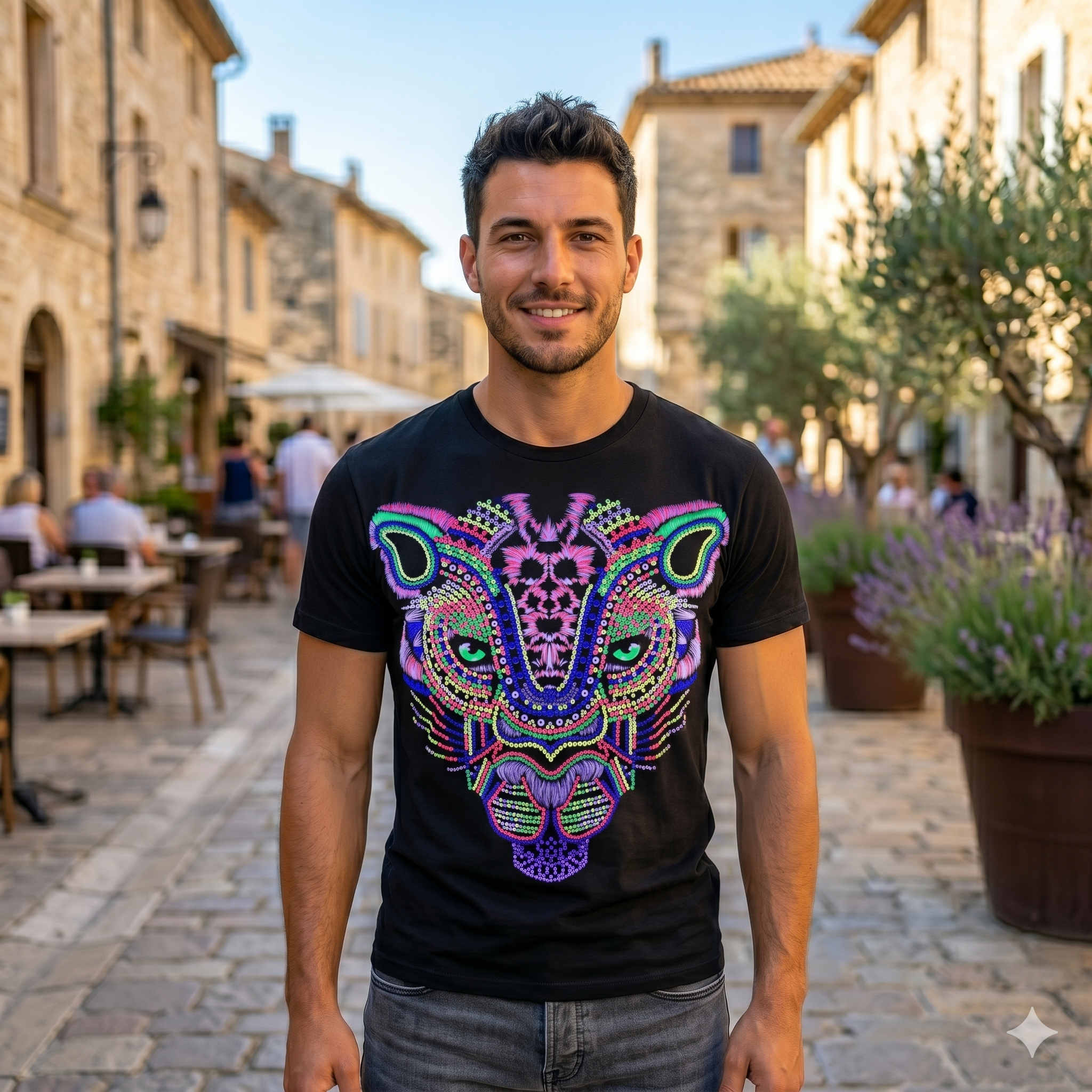 Jeune homme portant un t-shirt noir ajusté avec un motif de tigre ou panthère en points de couleur néon, fond de ruelle européenne ensoleillée.