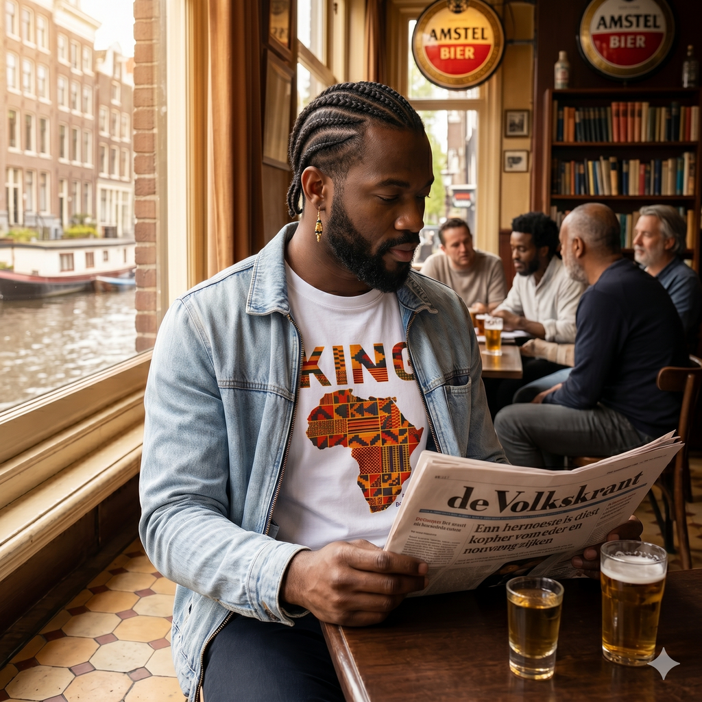 Homme avec des tresses portant le t-shirt King Africa de la marque BECCAR, lisant un journal dans un café typique d'Amsterdam.
