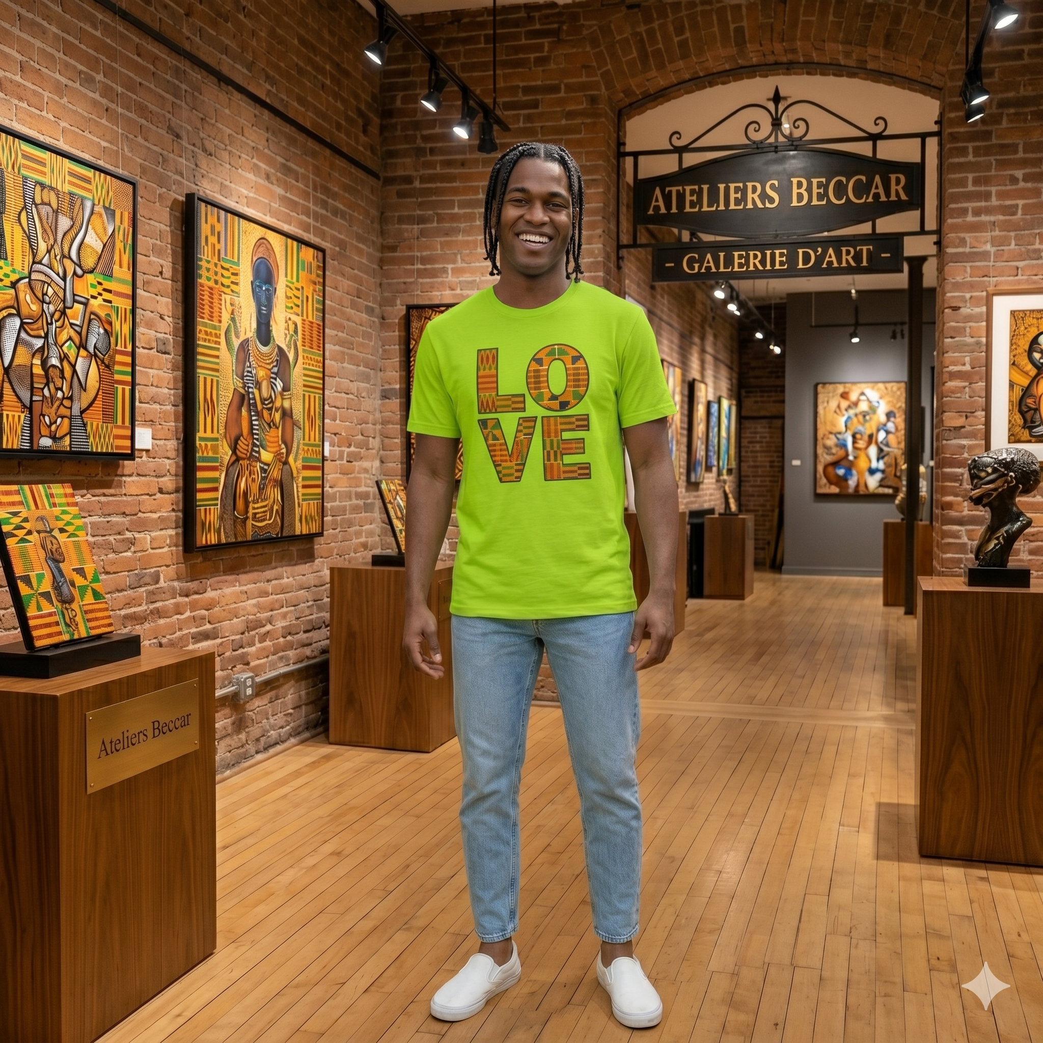 Homme noir avec tresses portant le t-shirt unisexe vert lime LOVE motif Kente des Ateliers BECCAR dans une galerie d'art.