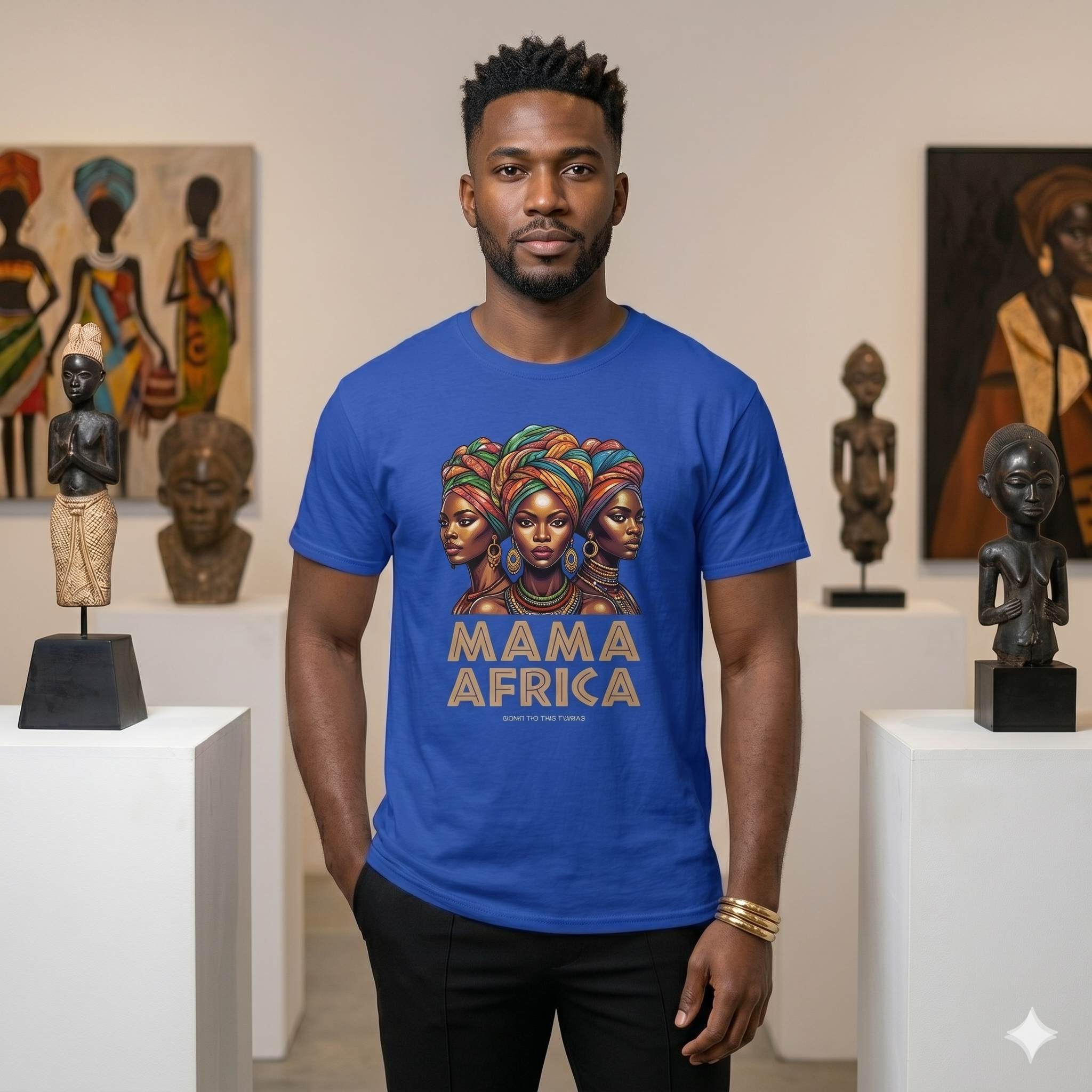 Mannequin homme portant le t-shirt bleu roi Mama Africa, design mode urbaine avec illustration de femmes africaines, style héritage africain dans une galerie d'art