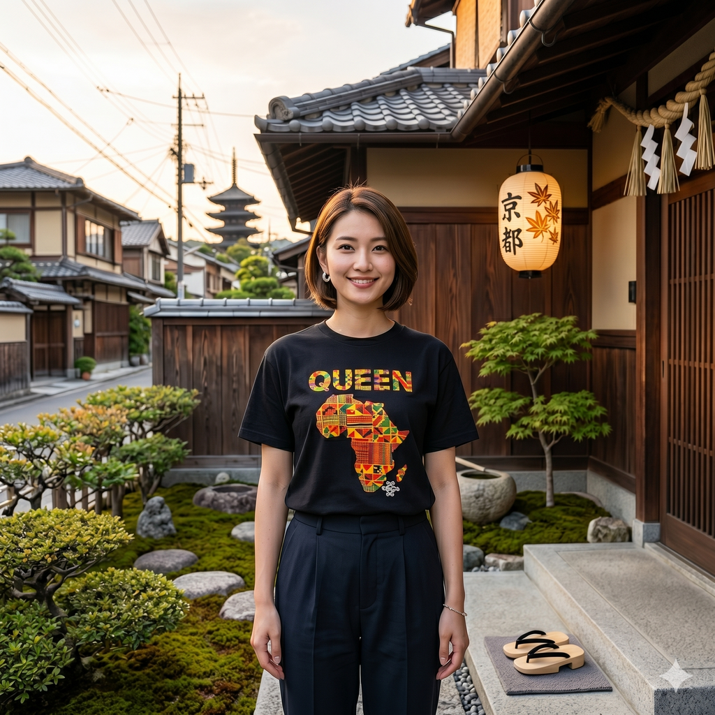 Femme japonaise devant une maison traditionnelle au Japon portant le t-shirt noir Beccar affichant le mot Queen et la carte de l'Afrique.