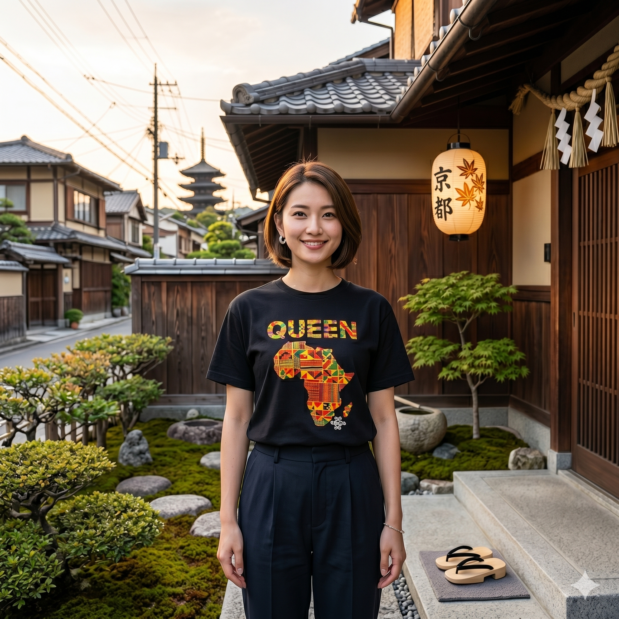 Femme japonaise devant une maison traditionnelle au Japon portant le t-shirt noir Beccar affichant le mot Queen et la carte de l'Afrique.