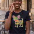 Portrait de face d'une femme souriante avec un chignon, portant le t-shirt noir au motif de chien coloré.