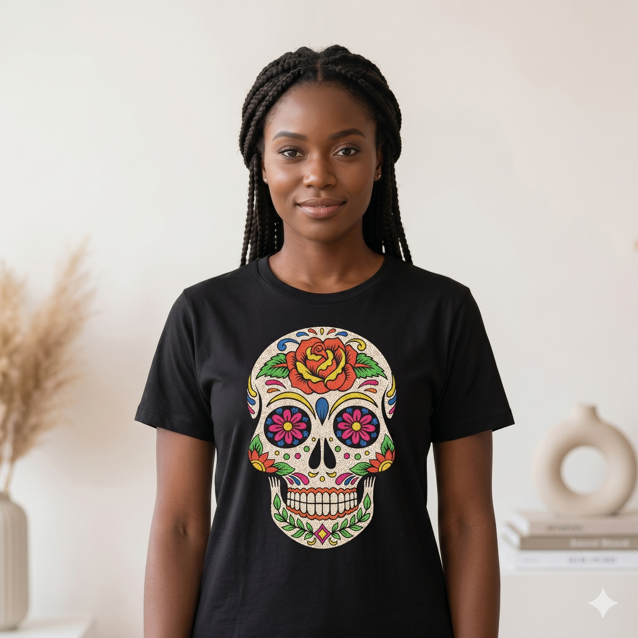 jeune femme portant un t-shirt noir unisexe avec un grand motif de crâne mexicain coloré et fleuri, style moderne et urbain.