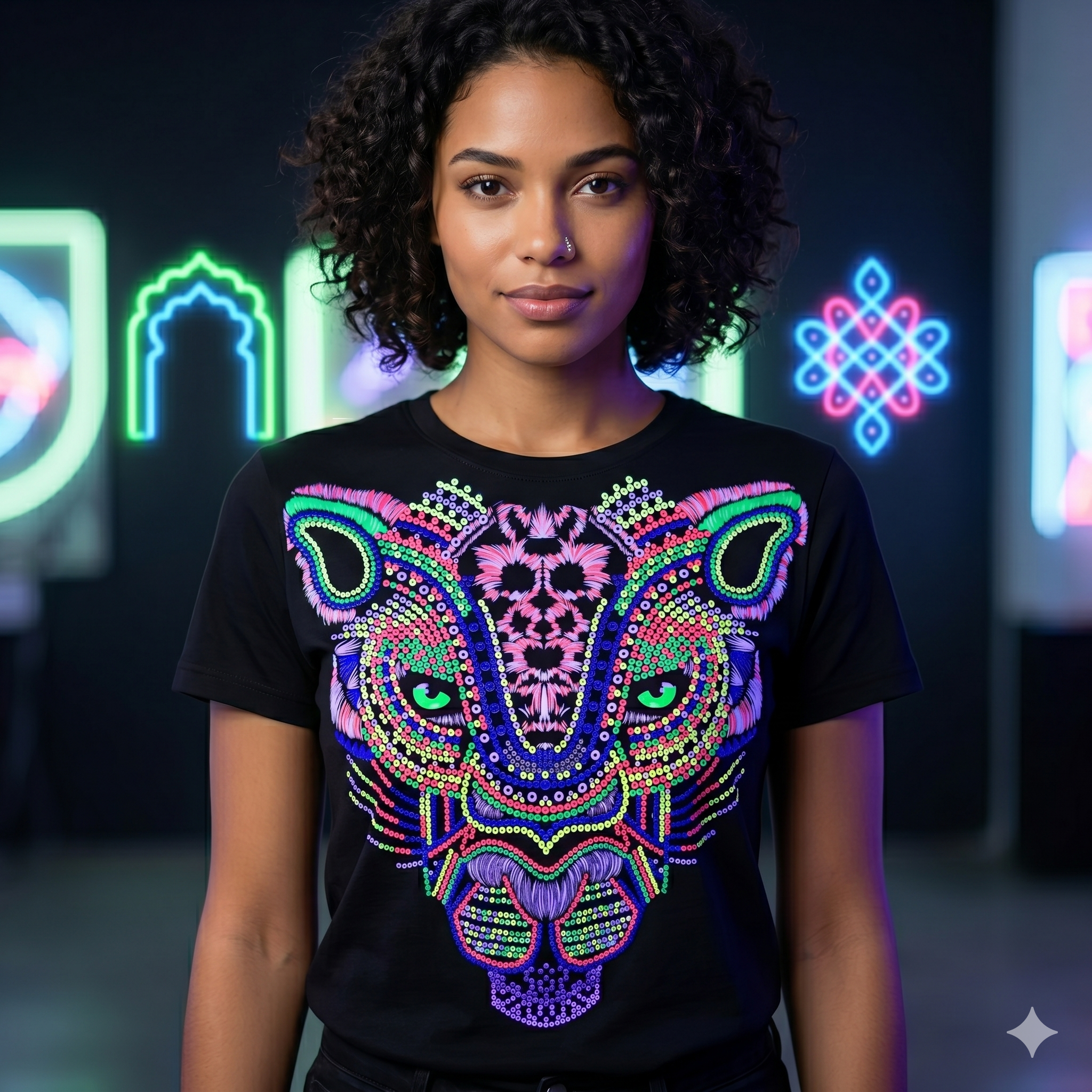 Femme portant un t-shirt noir avec un graphisme de tête de panthère aux couleurs fluo (rose, vert, bleu) style broderie ethnique, format carré pour boutique mode.