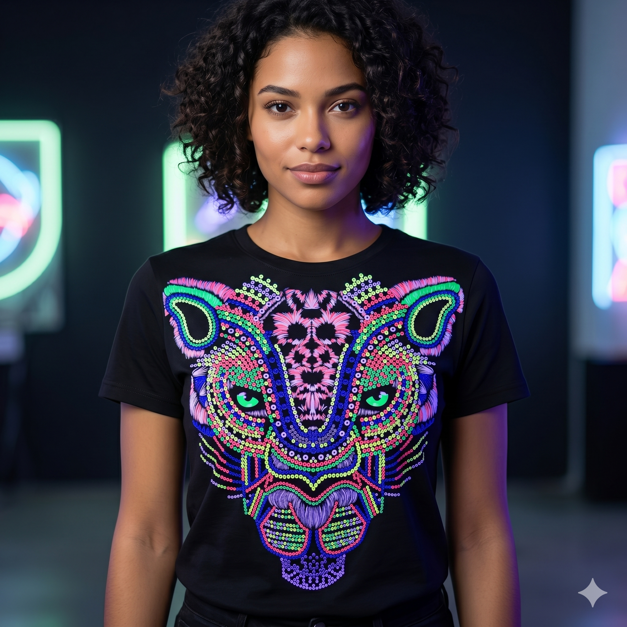 Femme portant un t-shirt noir avec un graphisme de tête de panthère aux couleurs fluo (rose, vert, bleu) style broderie ethnique, format carré pour boutique mode.+++