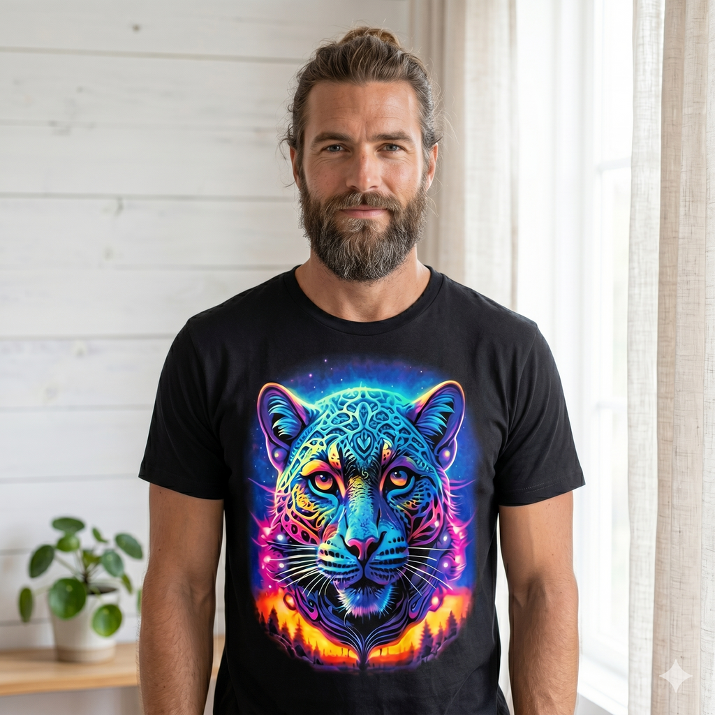 Homme barbu de style canadien portant le t-shirt unisexe Jaguar aux couleurs néon bleues et violettes, décor intérieur lumineux et épuré.