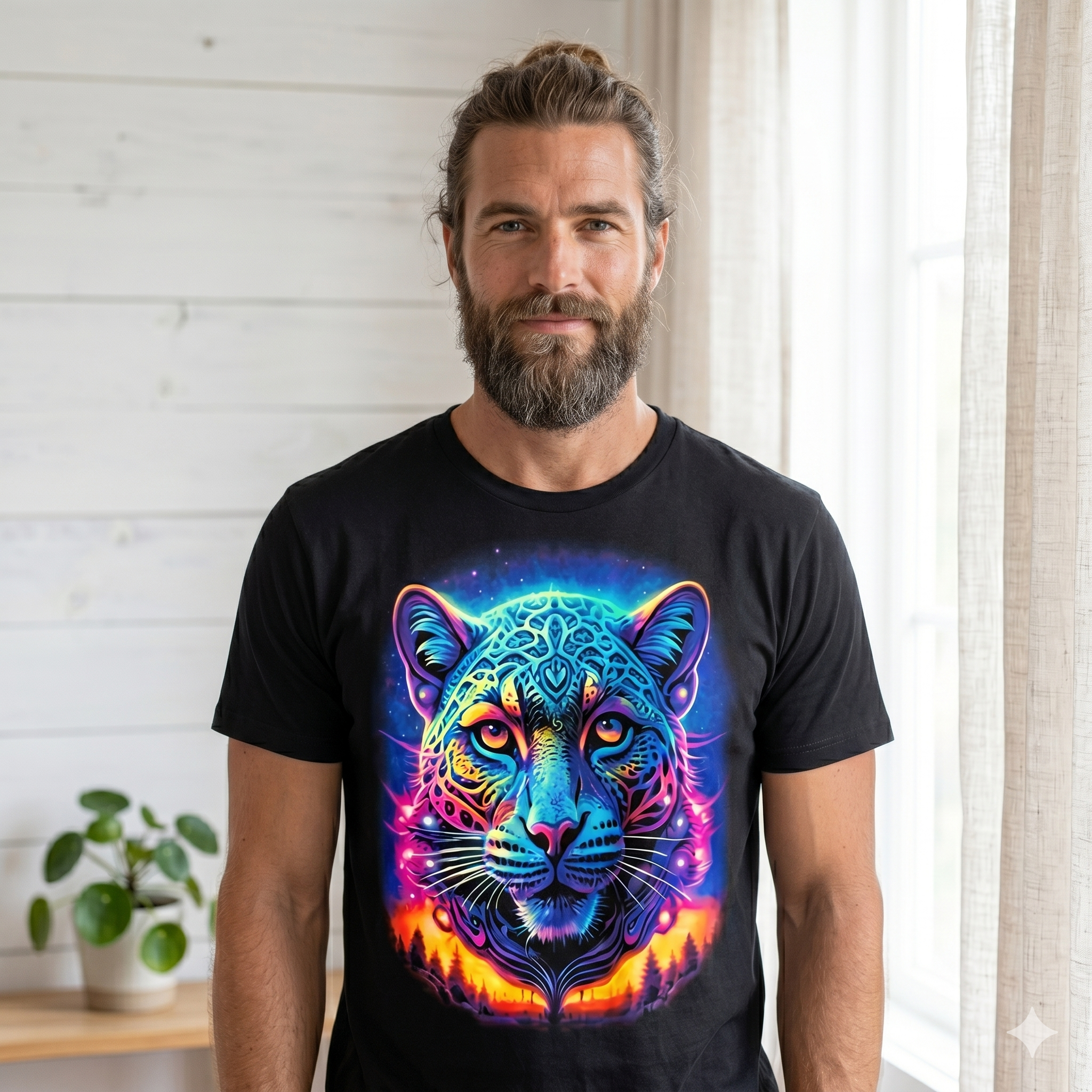 Homme barbu de style canadien portant le t-shirt unisexe Jaguar aux couleurs néon bleues et violettes, décor intérieur lumineux et épuré.