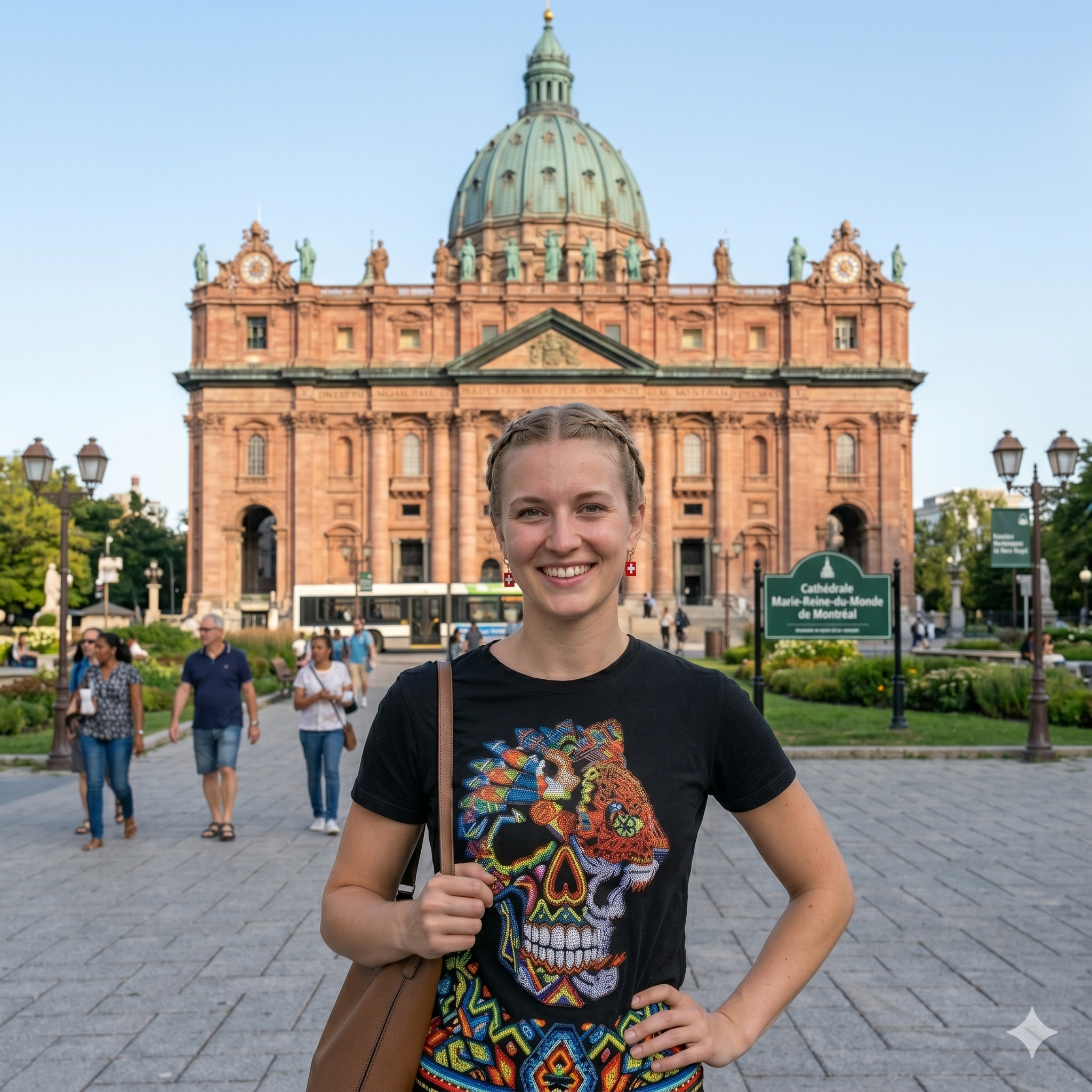 Jeune femme  devant la Cathédrale Marie-Reine-du-Monde à Montréal portant le t-shirt noir emblématique des Ateliers BECCAR avec design jaguar coloré.