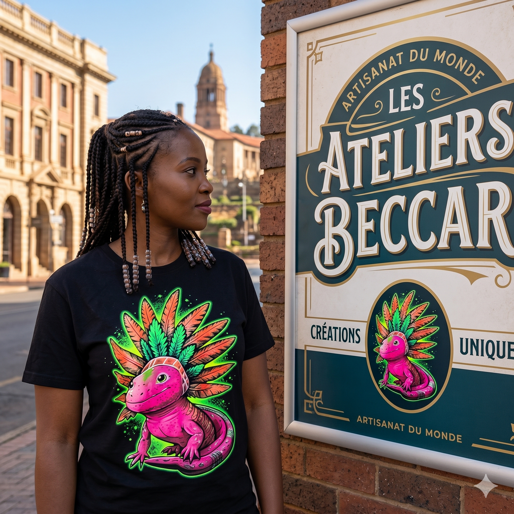 Une femme sud-africaine à Pretoria portant un t-shirt noir des Ateliers Beccar avec un graphique de lézard rose et vert néon, devant une affiche de la marque.