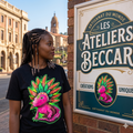 Une femme sud-africaine à Pretoria portant un t-shirt noir des Ateliers Beccar avec un graphique de lézard rose et vert néon, devant une affiche de la marque.