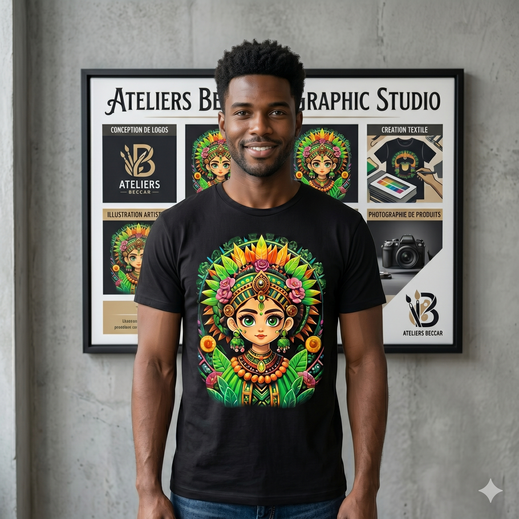 Mannequin homme  mettant en valeur le t-shirt unisexe Ateliers Beccar avec un motif central vibrant inspiré des arts traditionnels et modernes, format carré pour boutique Shopify..