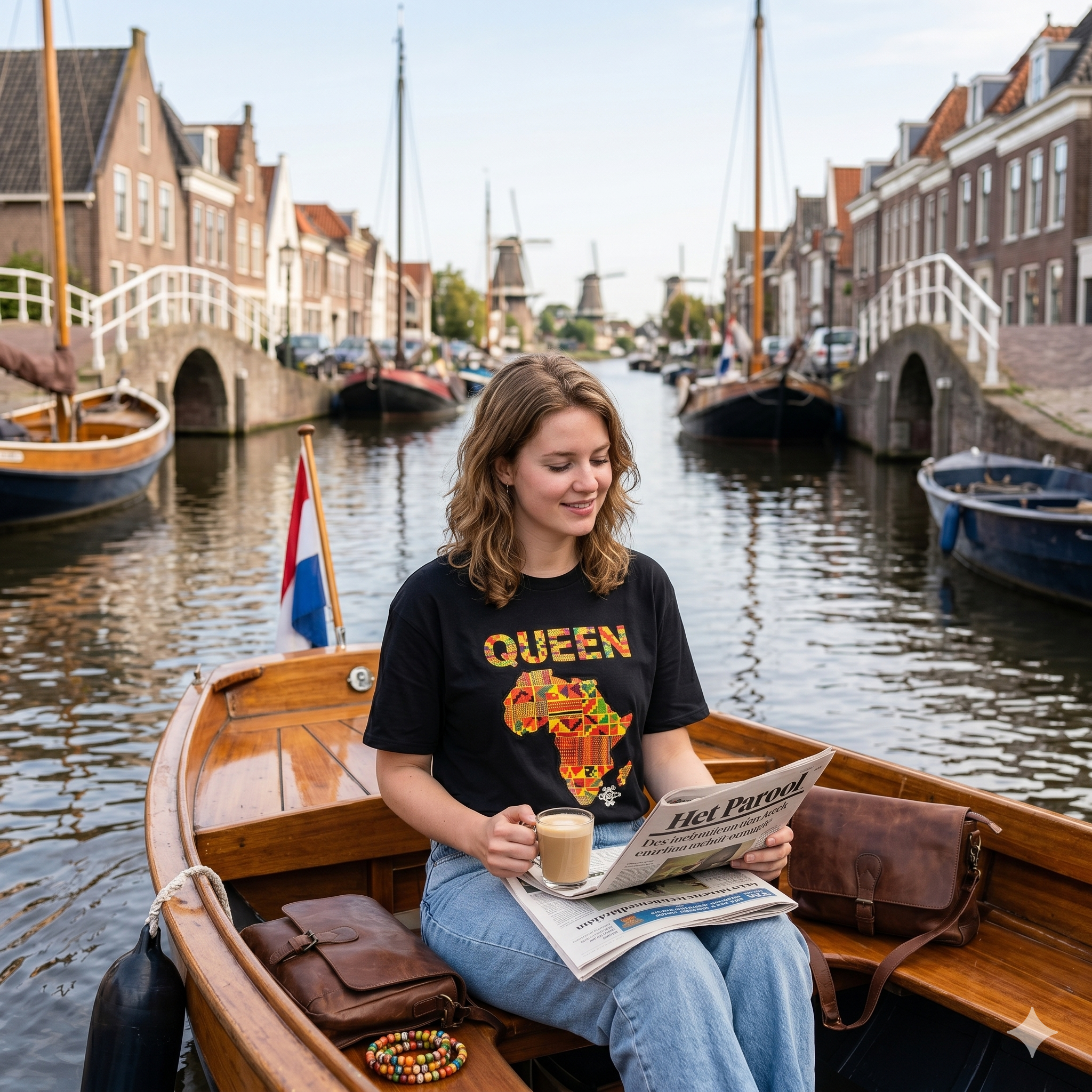 eune femme souriante sur un bateau dans les canaux des Pays-Bas portant le t-shirt unisexe Queen avec carte de l'Afrique texturée.