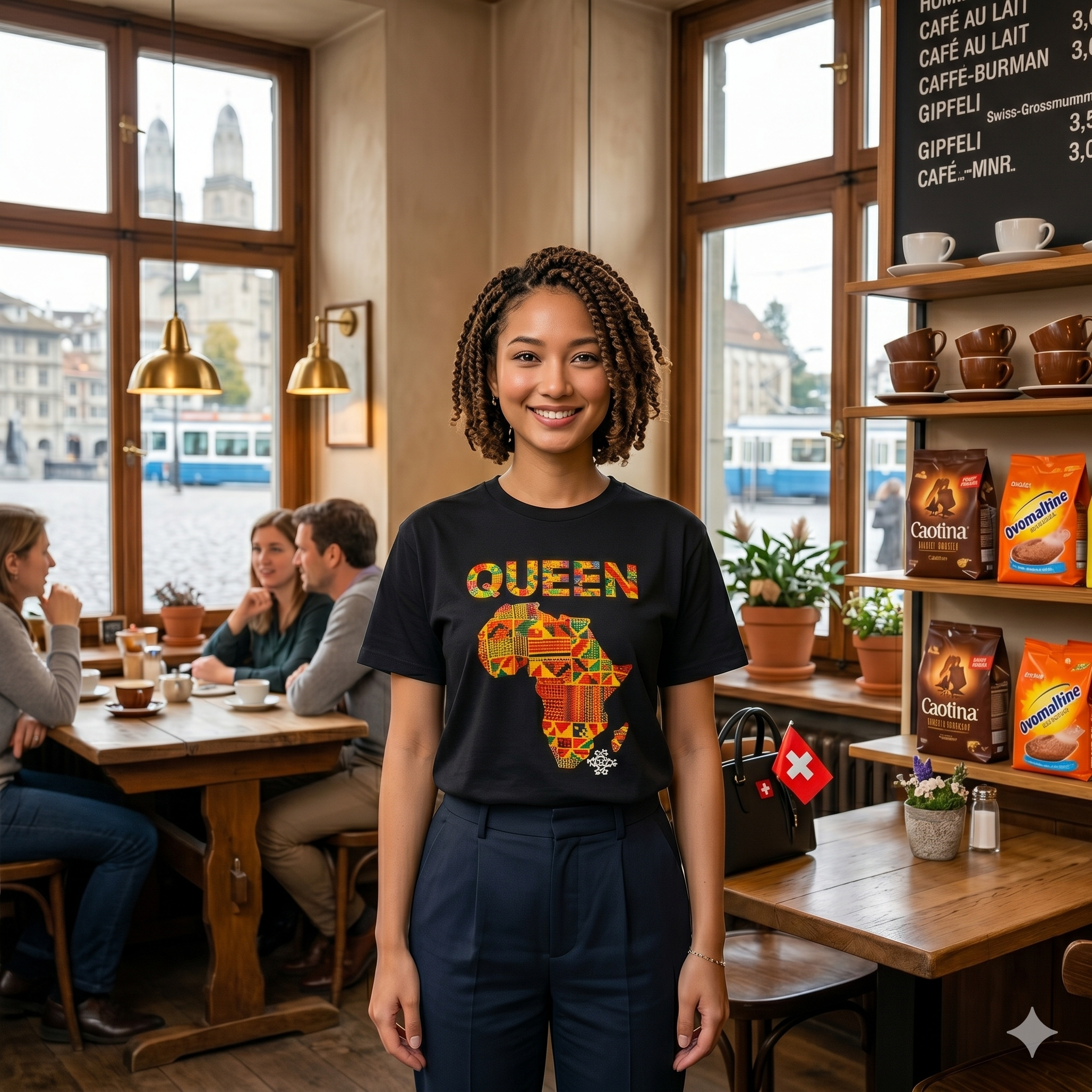 Portrait d'une femme métisse dans un café suisse portant le t-shirt noir Queen Africa, avec une vue typique de Zurich en arrière-plan.