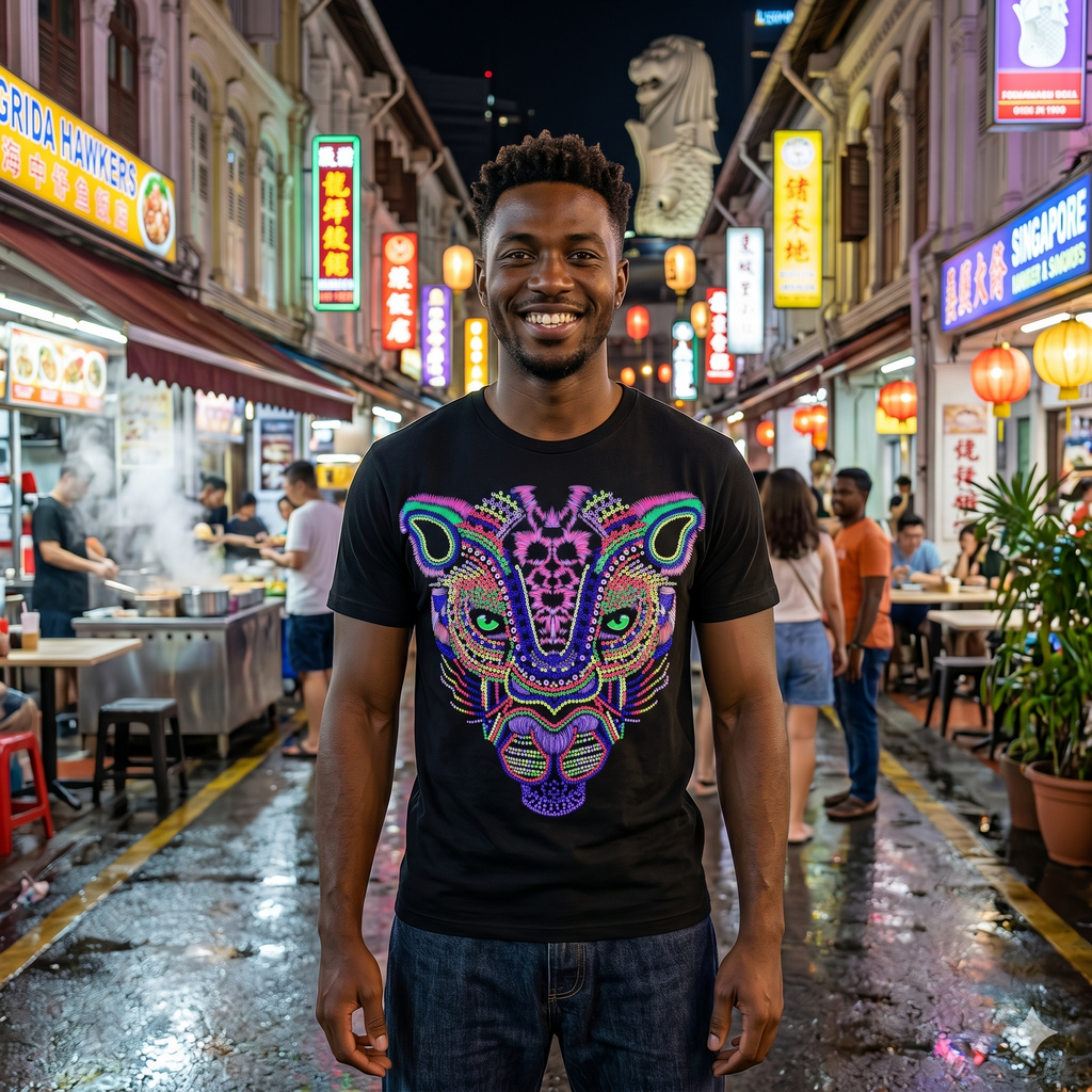 Jeune homme portant un t-shirt noir ajusté avec un motif de tigre ou panthère en points de couleur néon, fond de ruelle européenne ensoleillée.